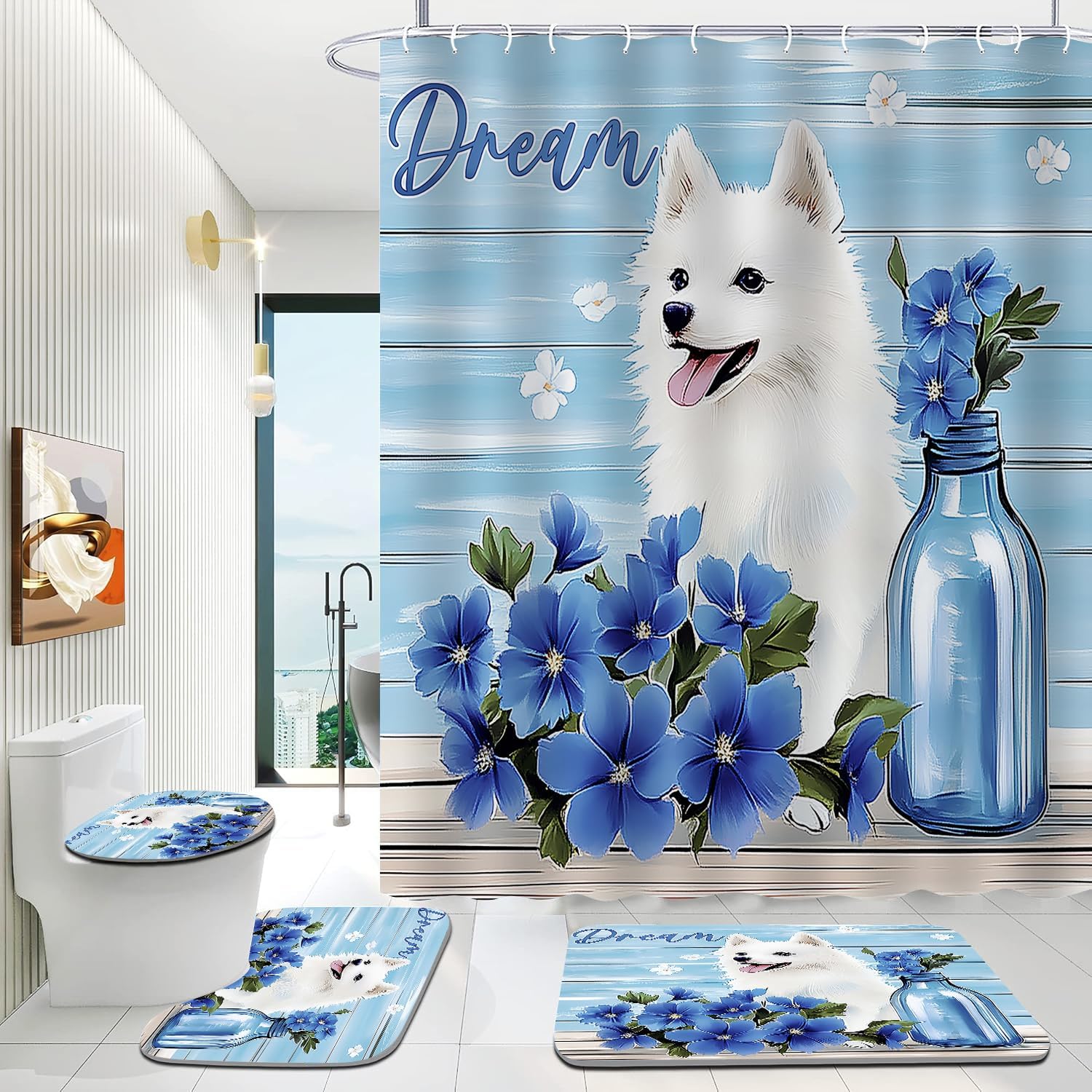 ALEXEX 4-Panel Blue Petunia Shower Curtain Set