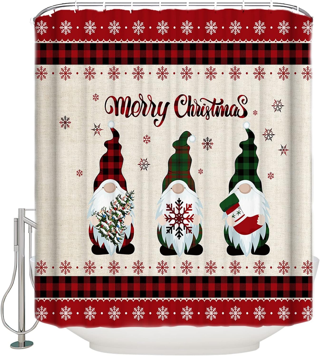 Merry Christmas Gnome Snowflake Shower Curtain Red Black Buffalo Plaid