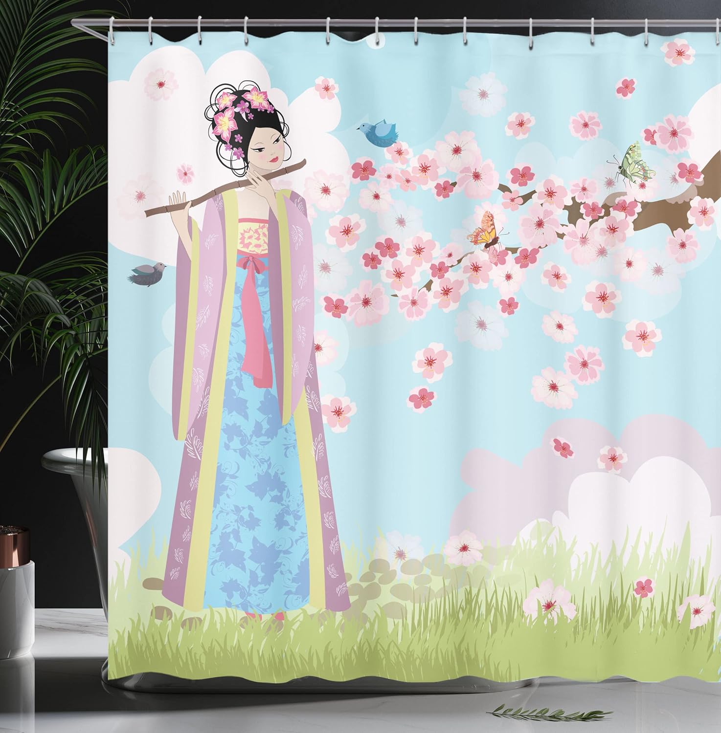 Oriental Music Shower Curtain Cherry Blossoms Butterflies Ambesonne
