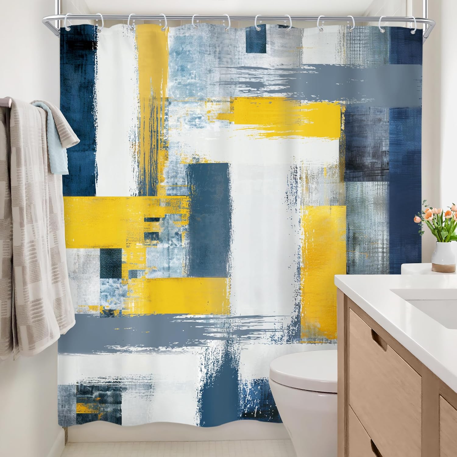 Newsely Abstract Geometric Shower Curtain Modern Design with Navy Blue and Yellow