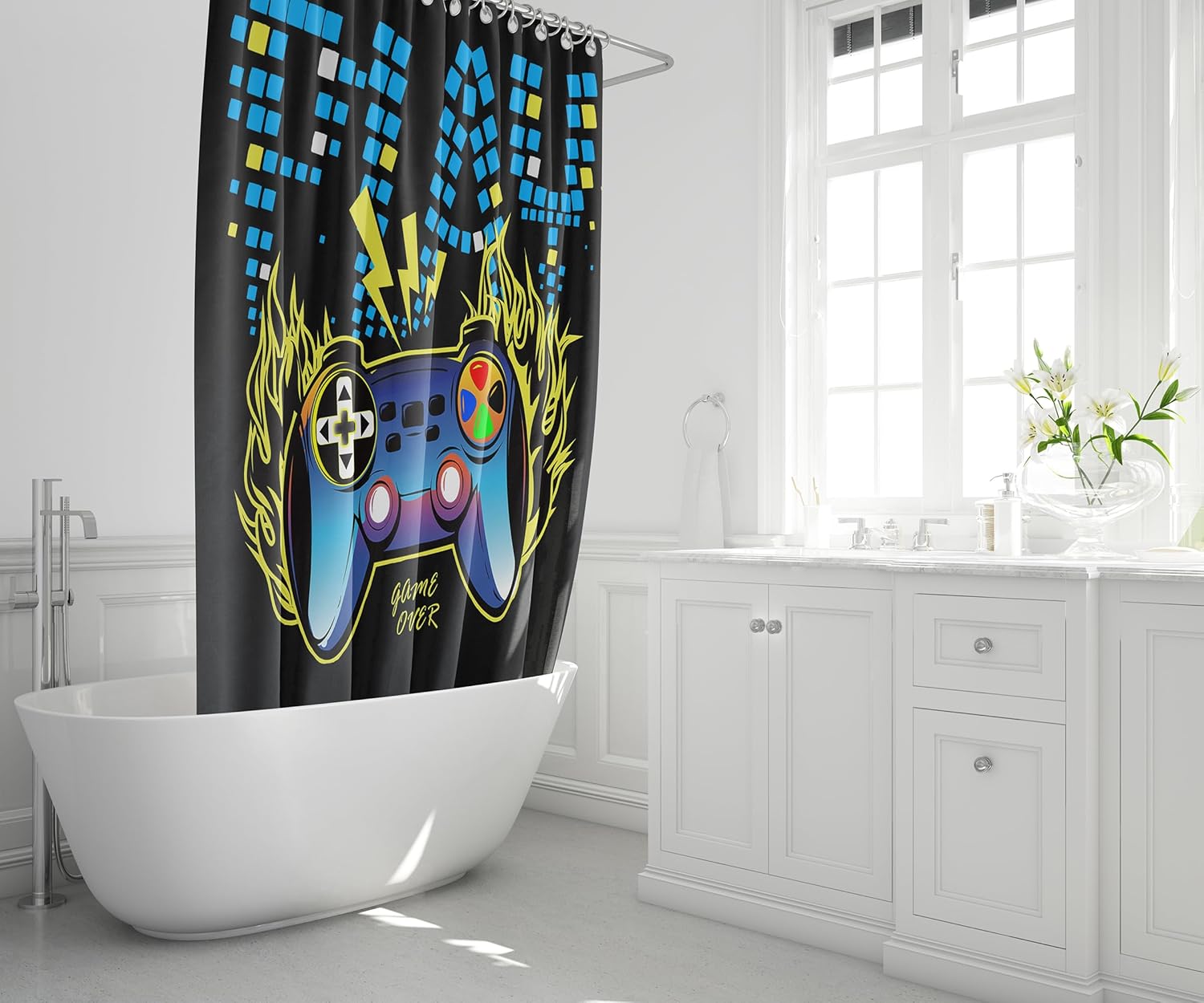 Game-Themed 4-Piece Gaming Shower Curtain Set for Kids