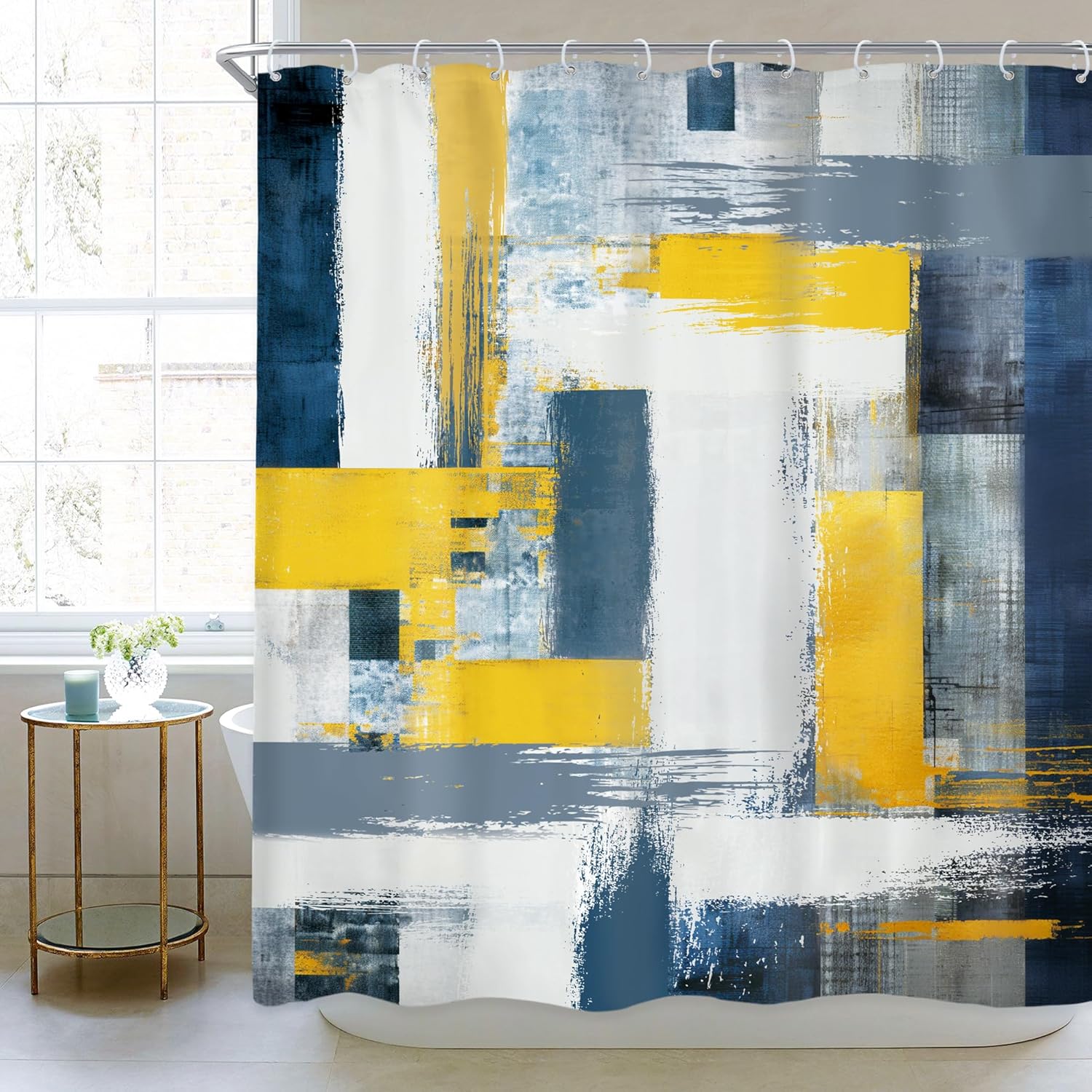 Newsely Abstract Geometric Shower Curtain Modern Design with Navy Blue and Yellow