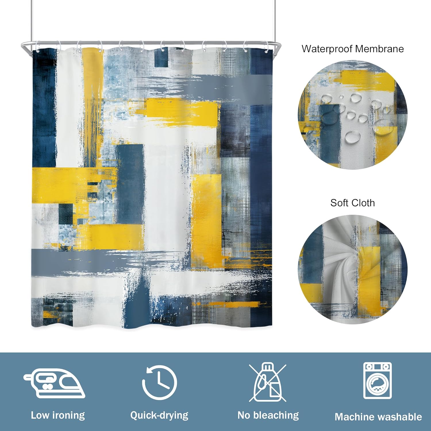 Newsely Abstract Geometric Shower Curtain Modern Design with Navy Blue and Yellow