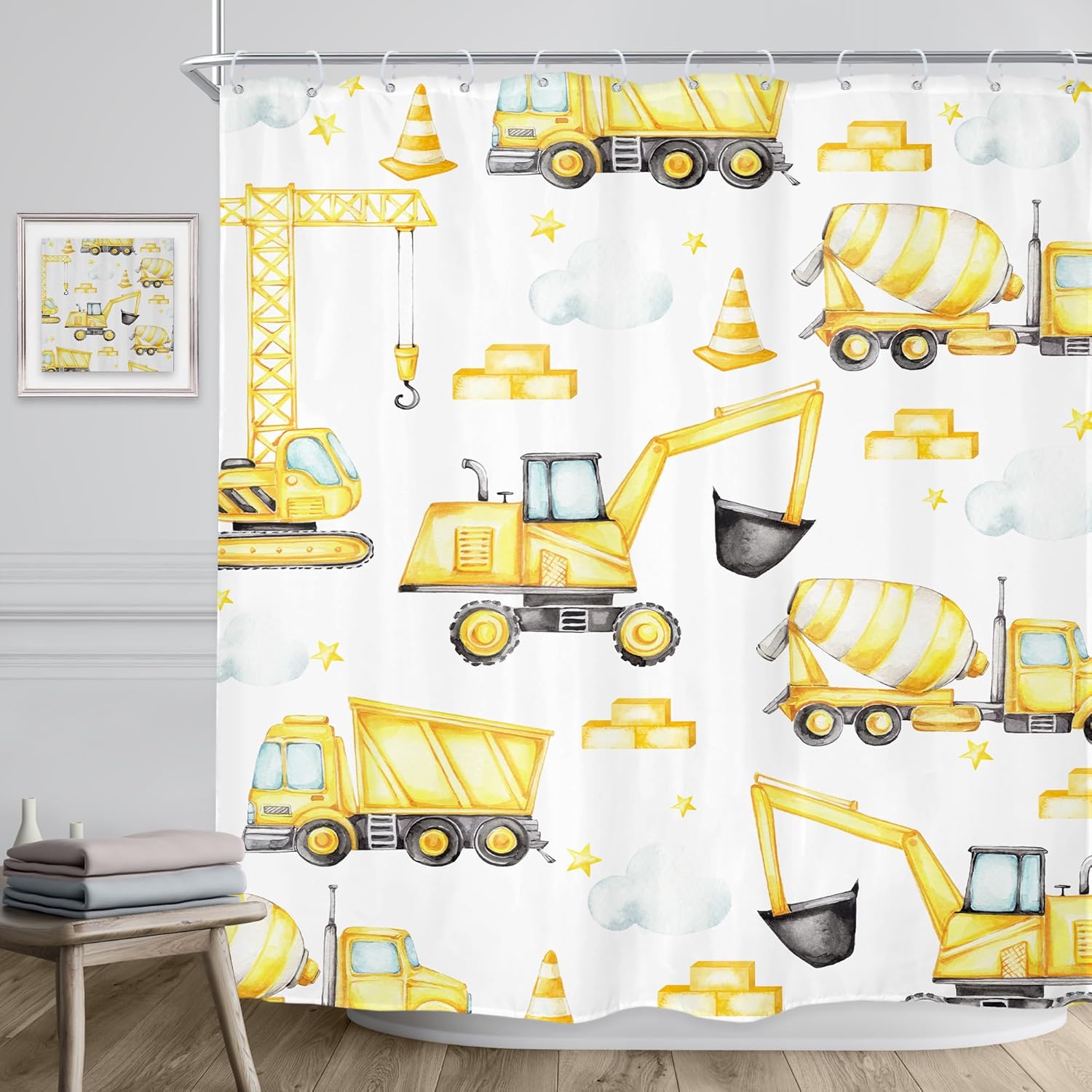 Riyidecor Tractor Kids Construction Shower Curtain Set