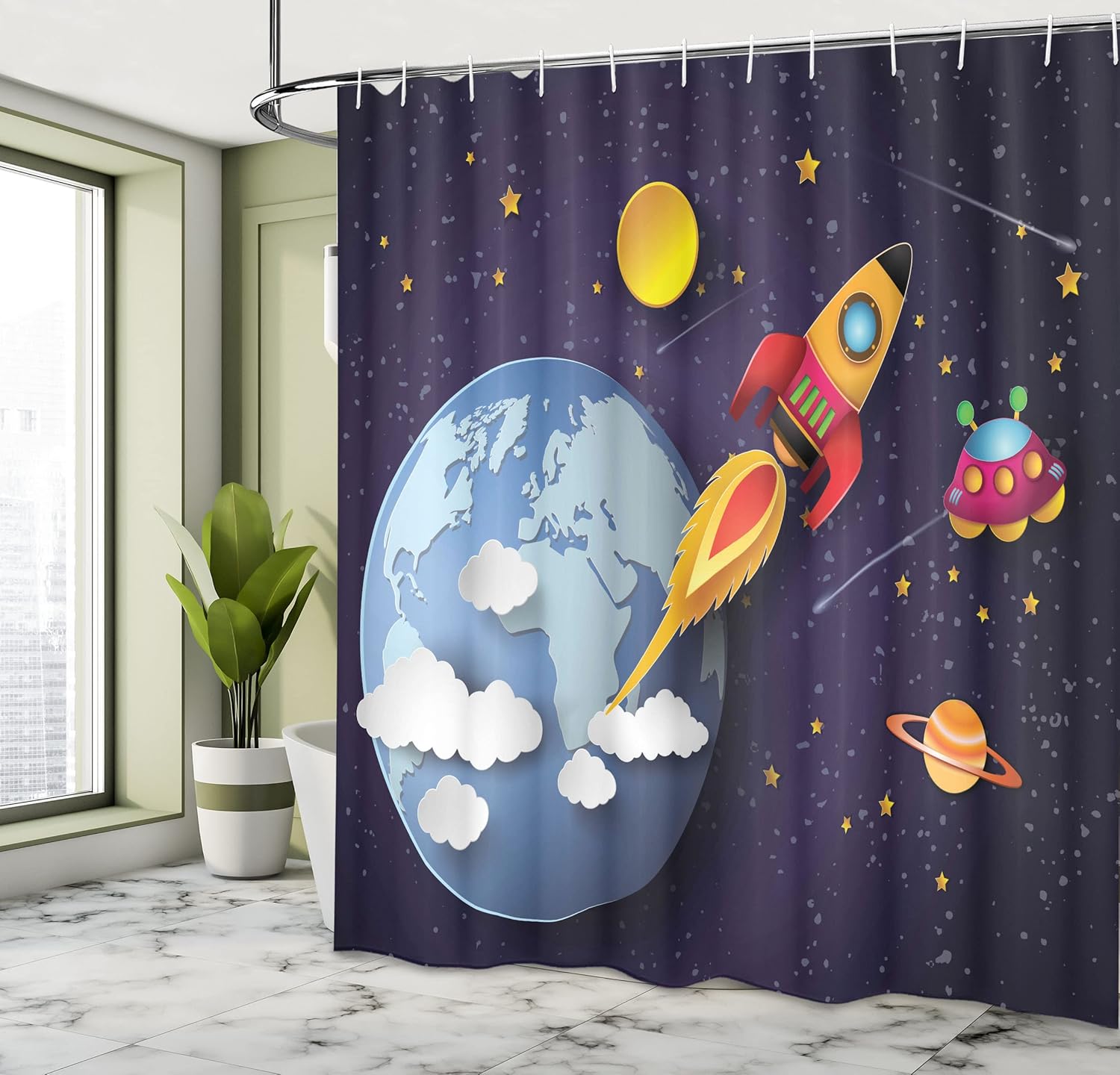 Ambesonne Rocket High-Flyin Outdoor Space Shower Curtain