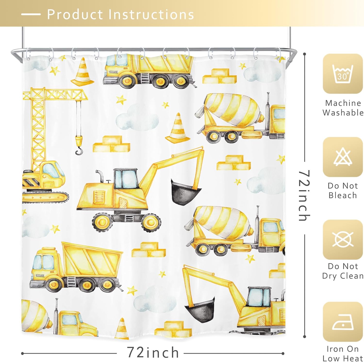 Riyidecor Tractor Kids Construction Shower Curtain Set