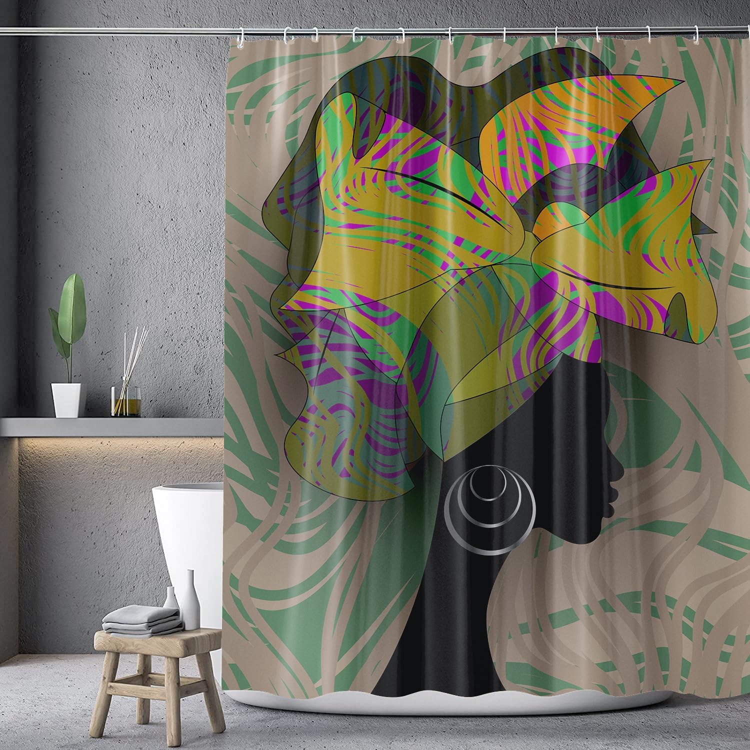 African Woman Shower Curtain Black Art Banana Plant-print