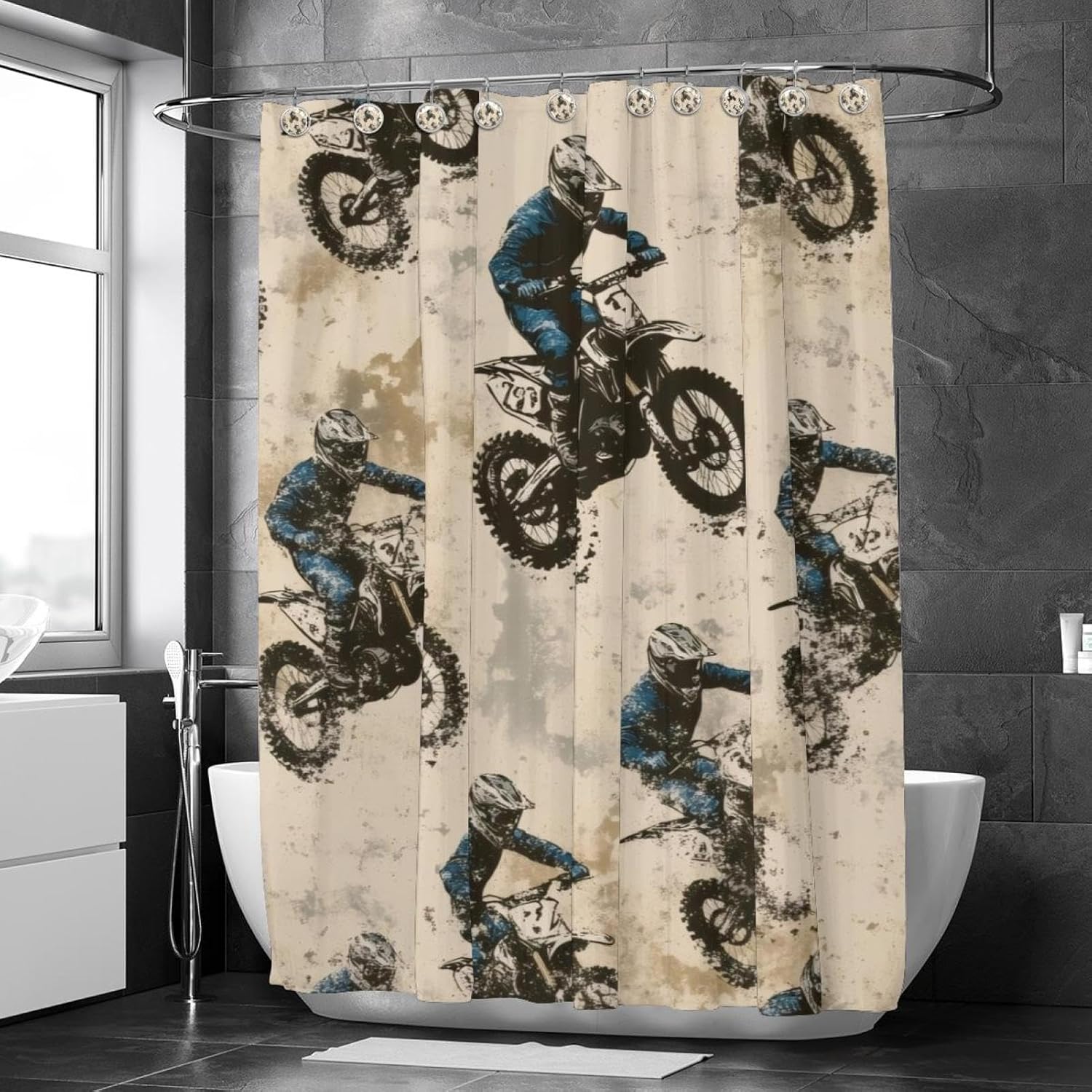 Blue Boys Motorcross Themed Shower Curtain Set - Rustic Stylish Bathroom Curtain