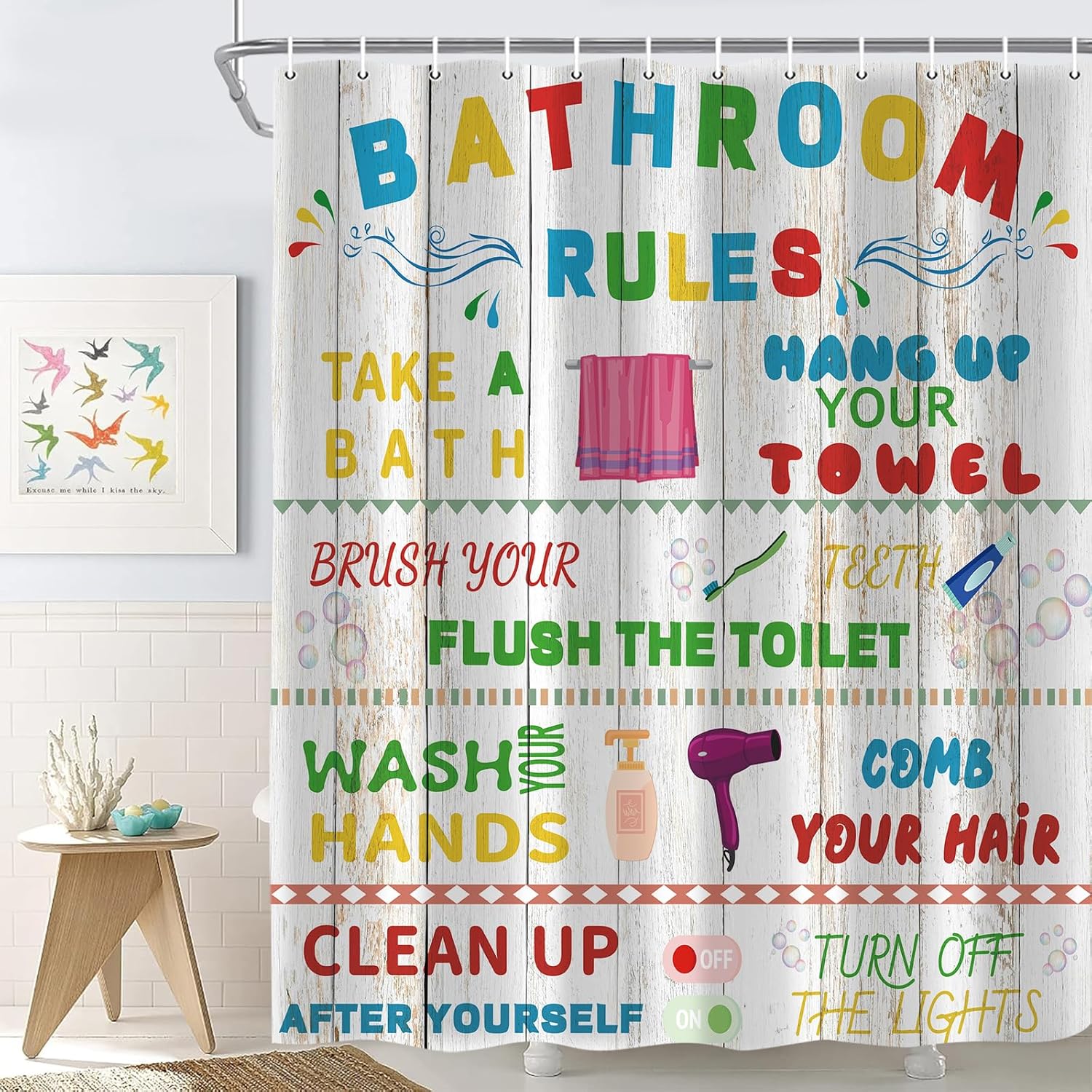 Kids Shower Curtain with 12 Hooks 72x72 Inches