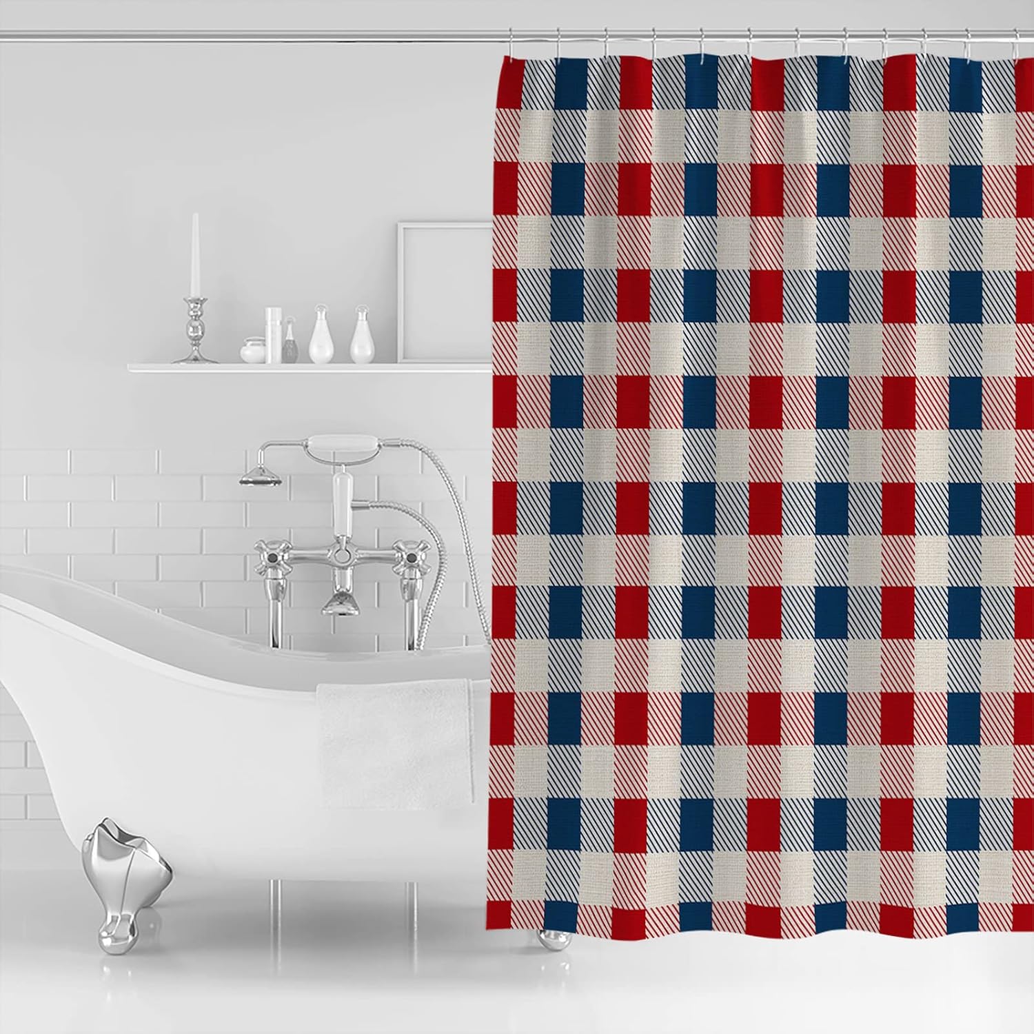 GeoPrint Plaid Waterproof Shower Curtain Set for 4th of July Independence Day