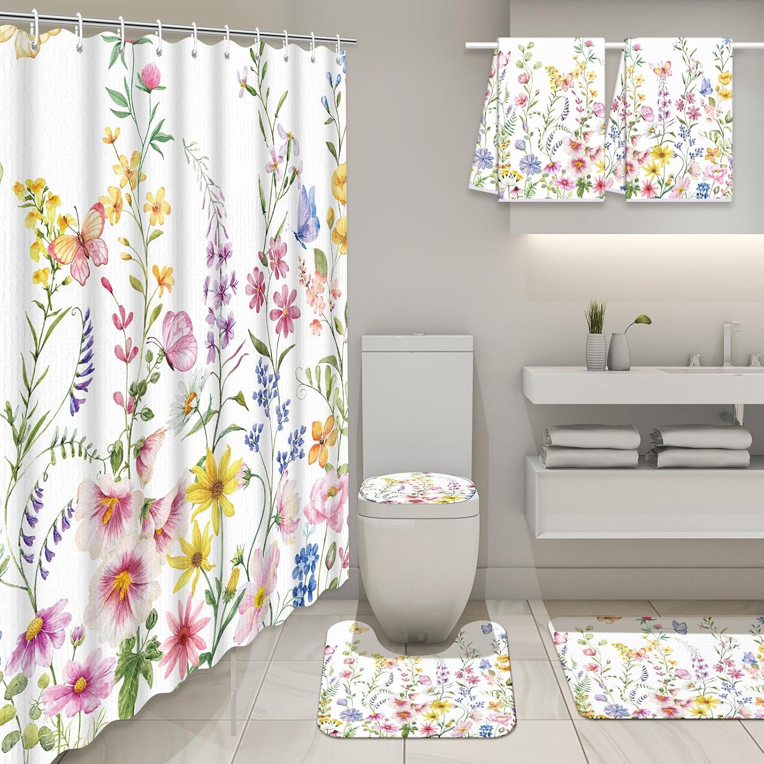 6-Piece Summer Bathroom Set with U-Shaped Mat 2