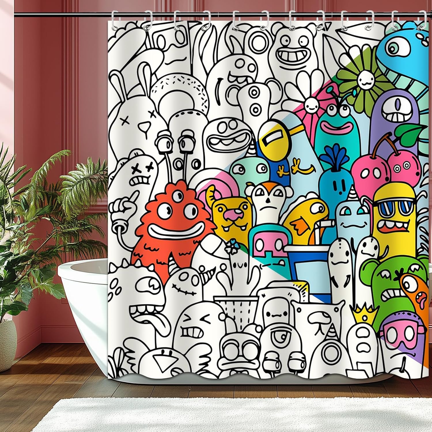 Kids Shower Curtain for Bathroom Fun Abstract Cartoon Red Little Monster 72x72