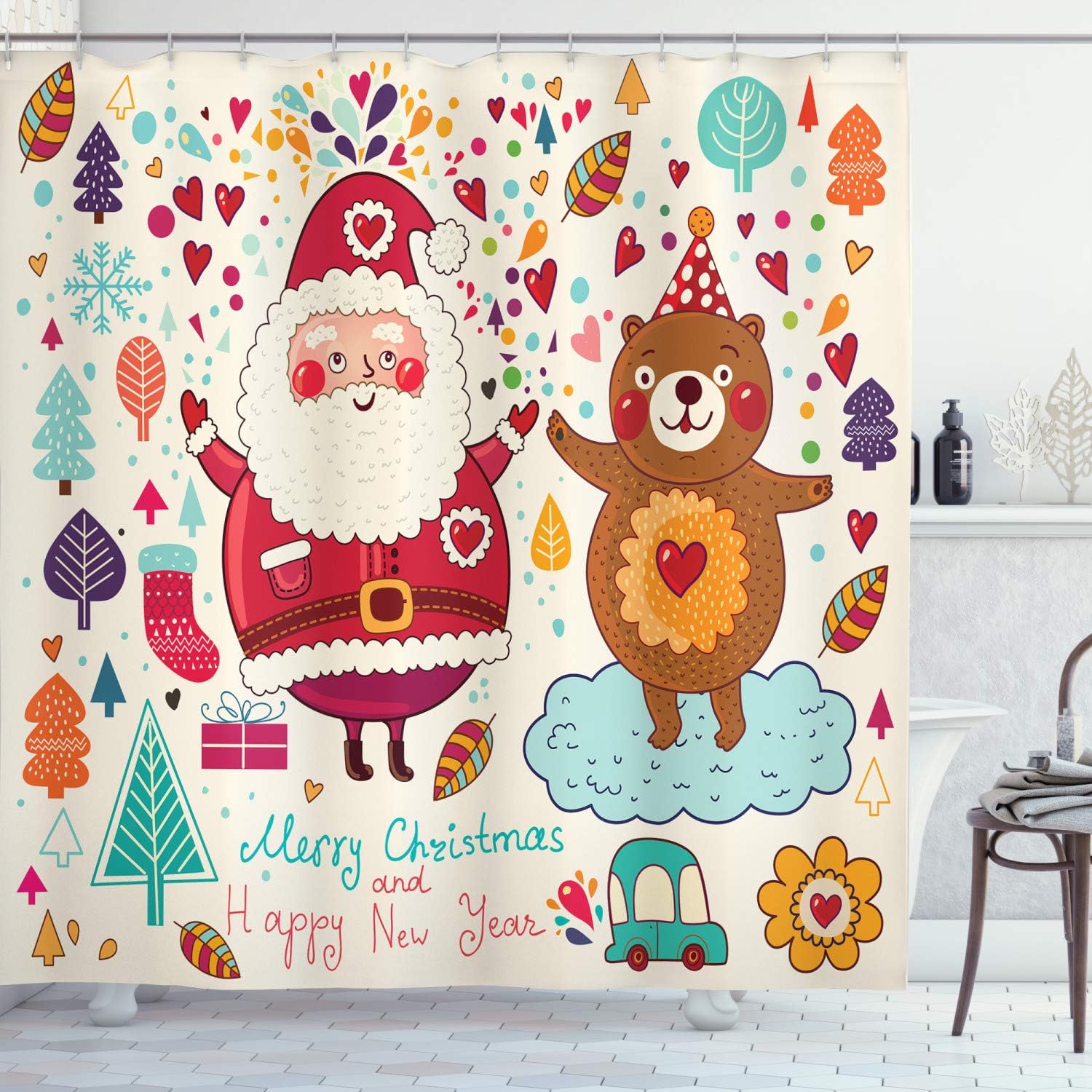 Santa and Teddy Bear Christmas Shower Curtain