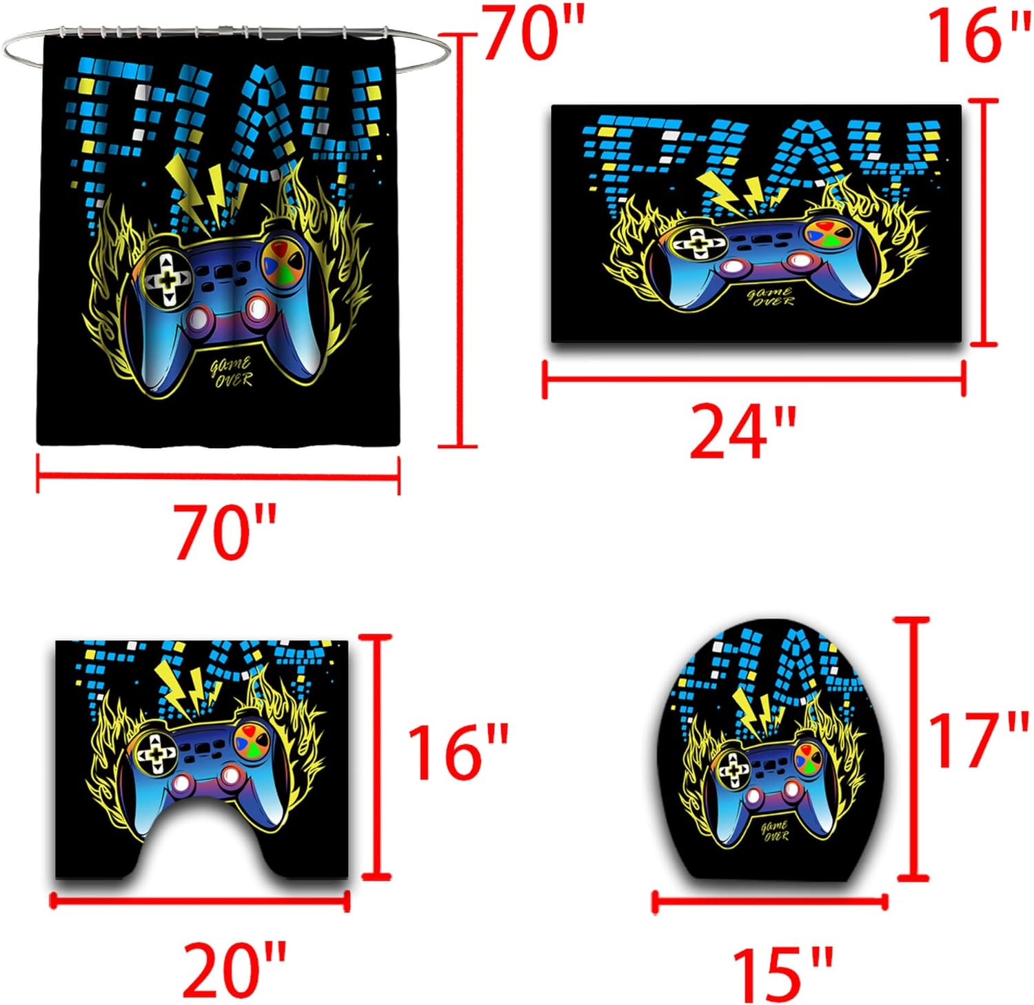 Game-Themed 4-Piece Gaming Shower Curtain Set for Kids