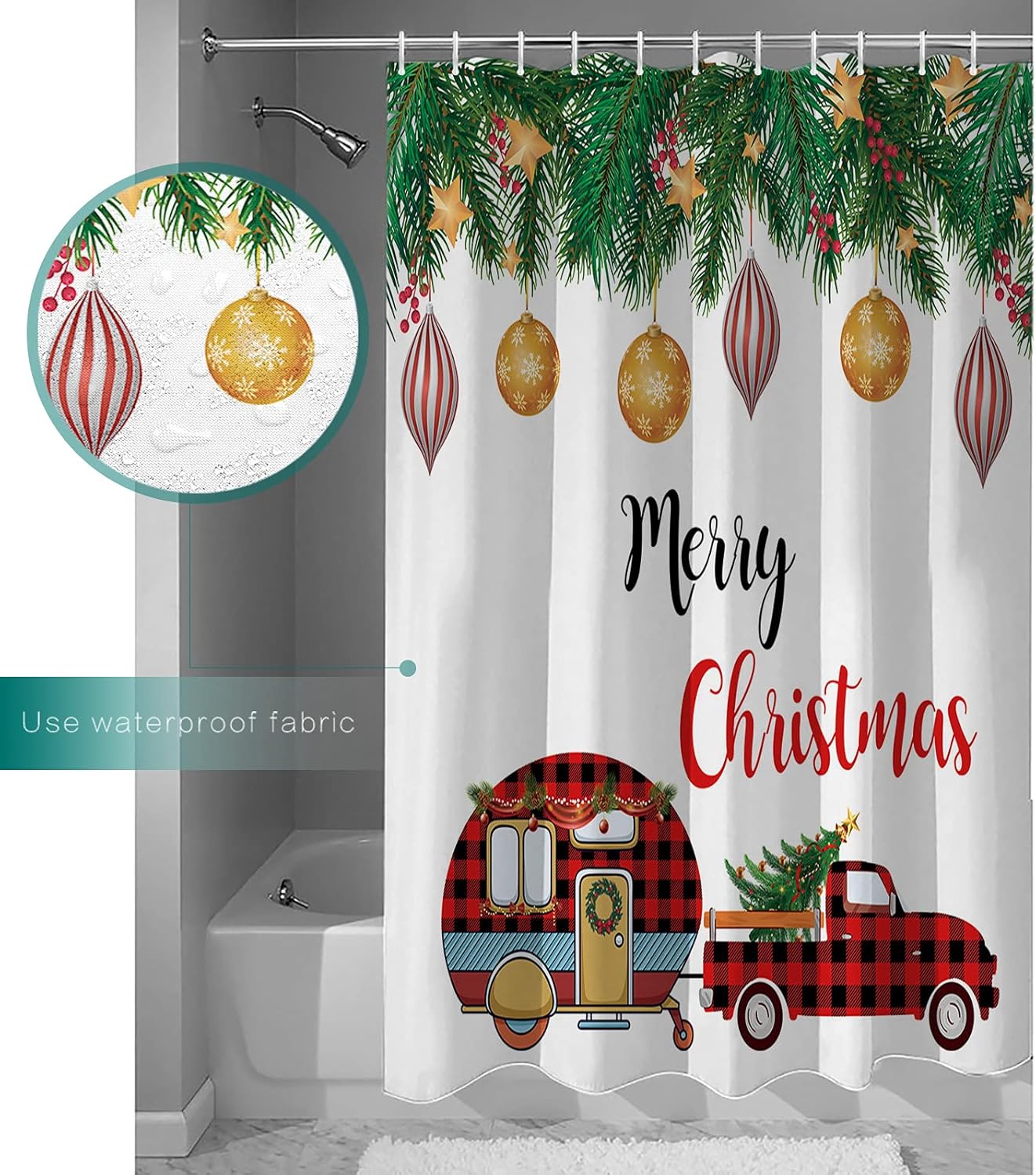 Christmas Camper Pine Boughs - Waterproof Shower Curtain