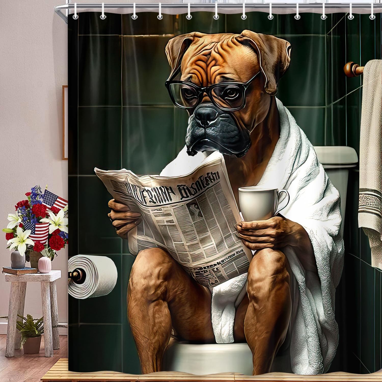 JAWO Funny Dog Bathroom Curtain Set 12 Hooks Washable 72x84 Poly