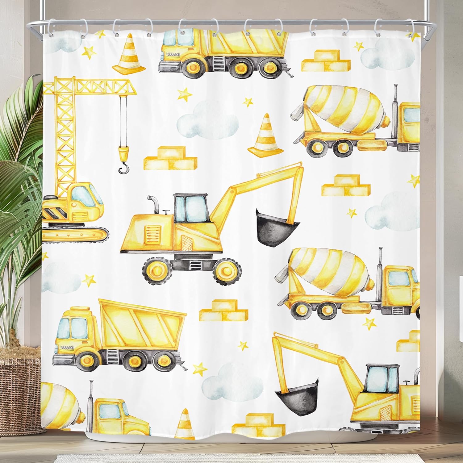 Riyidecor Tractor Kids Construction Shower Curtain Set