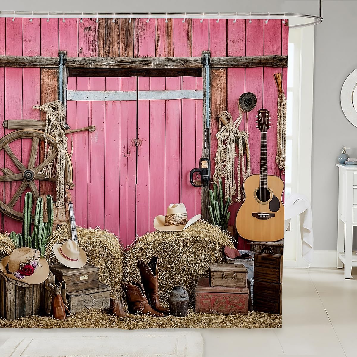 Pink Farmhouse Shower Curtain Set with Hooks