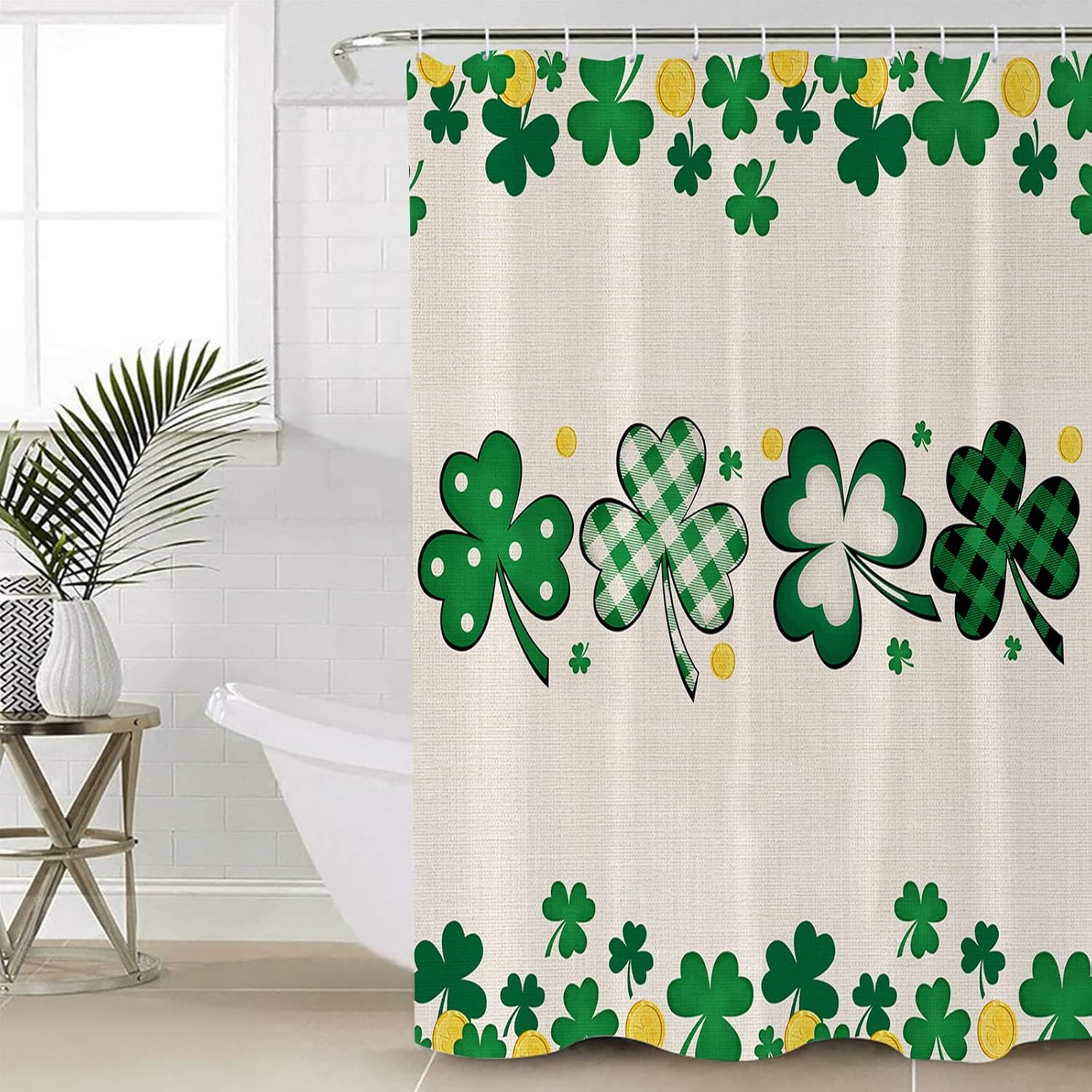 TocaHome Waterproof Shower Curtain with Hooks and Lucky Shamrocks Design