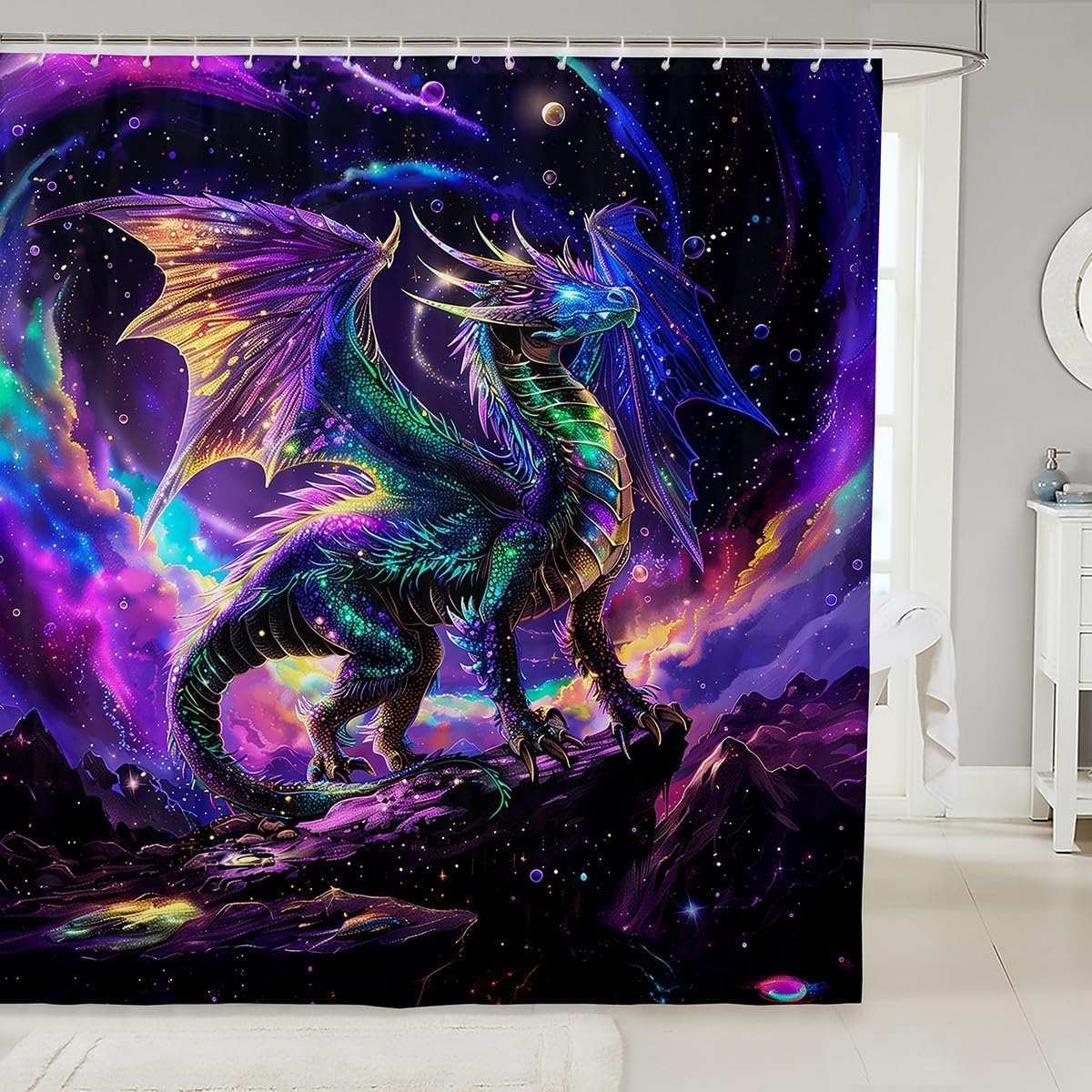 Neon Dragon Kid Shower Curtain Set Starry Sky Galaxy Planet Universe Dreamy Waterproof