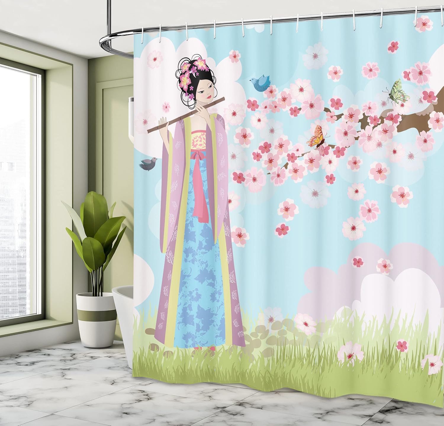 Oriental Music Shower Curtain Cherry Blossoms Butterflies Ambesonne