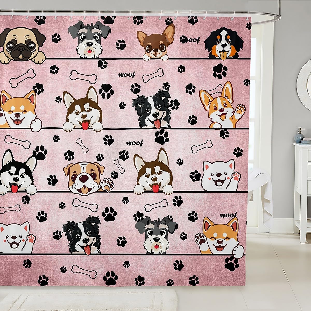Cute Dog Shower Curtain with 12 Hooks Waterproof 3D-Printed