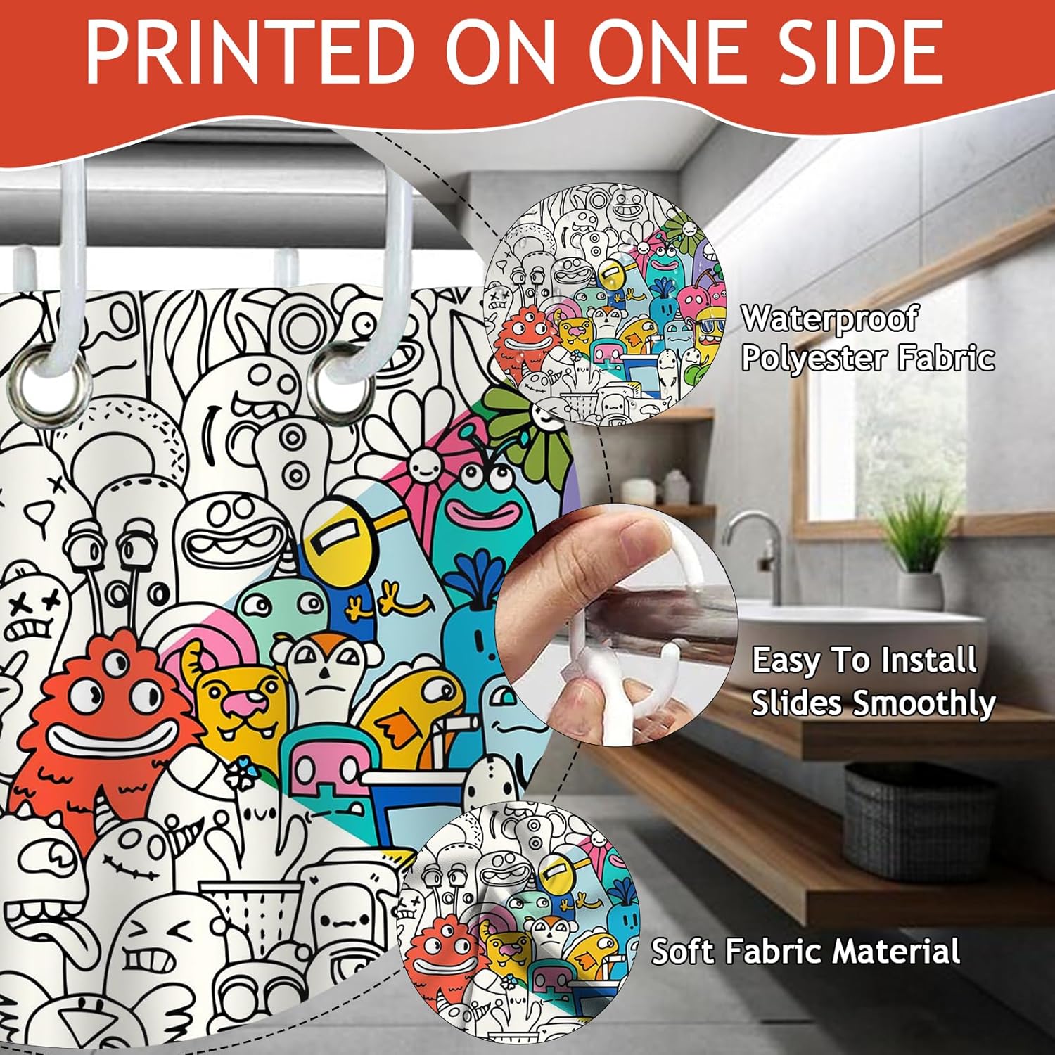 Kids Shower Curtain for Bathroom Fun Abstract Cartoon Red Little Monster 72x72