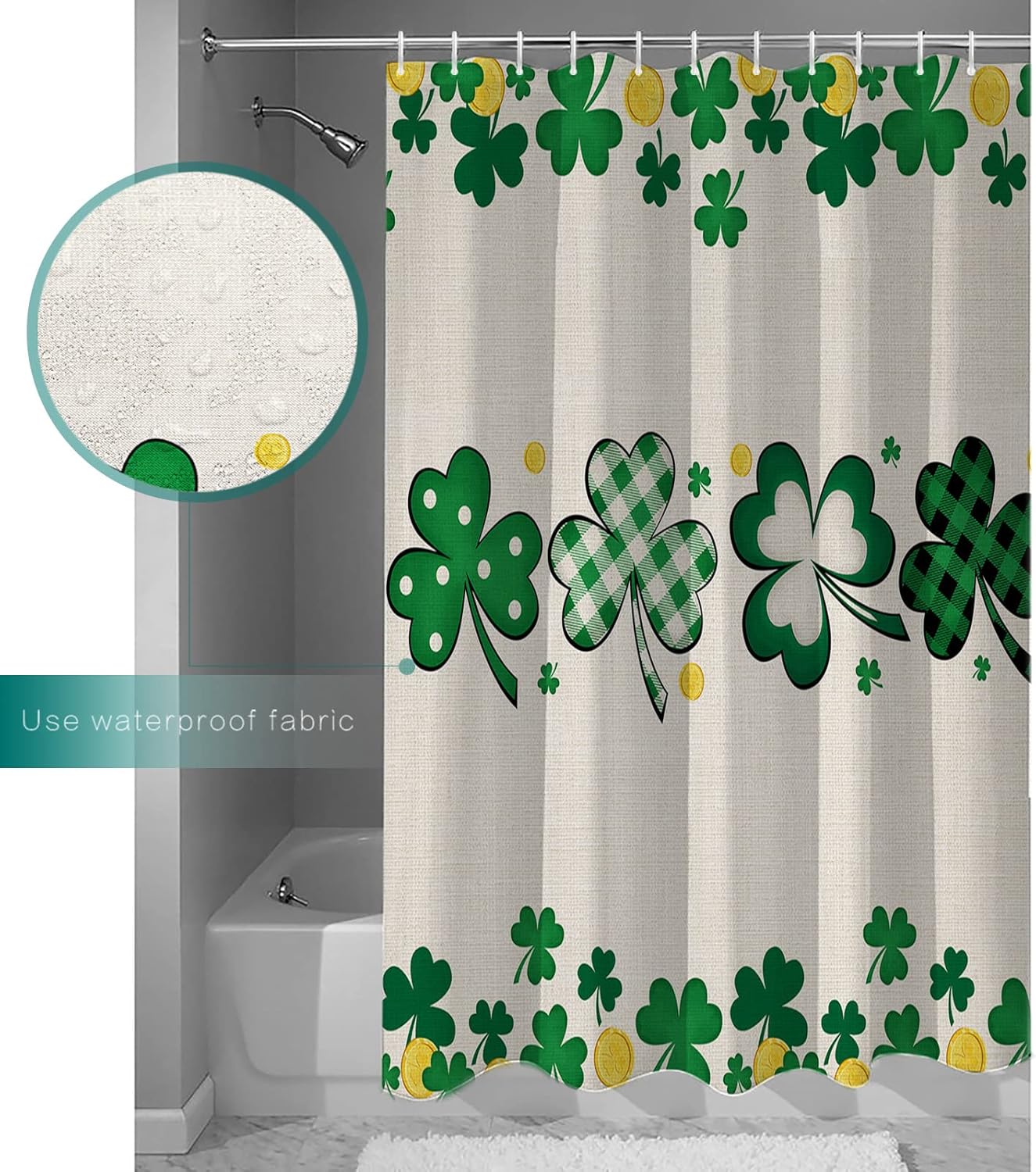 TocaHome Waterproof Shower Curtain with Hooks and Lucky Shamrocks Design