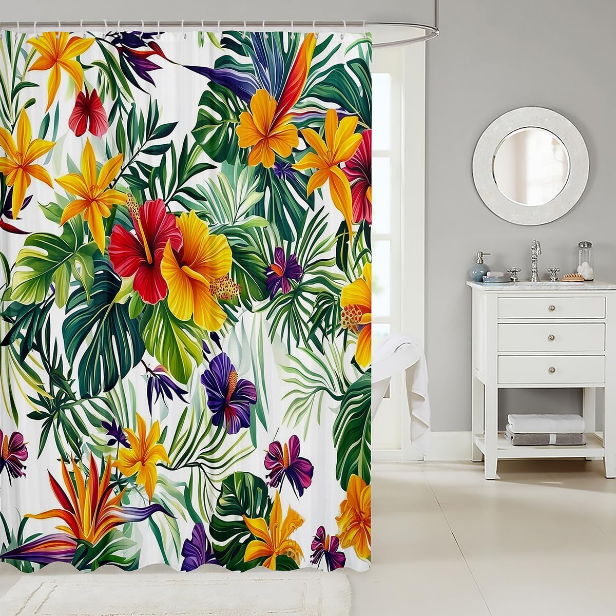 Tropical Flower Shower Curtain Set 72x84 Green Palm Leaves