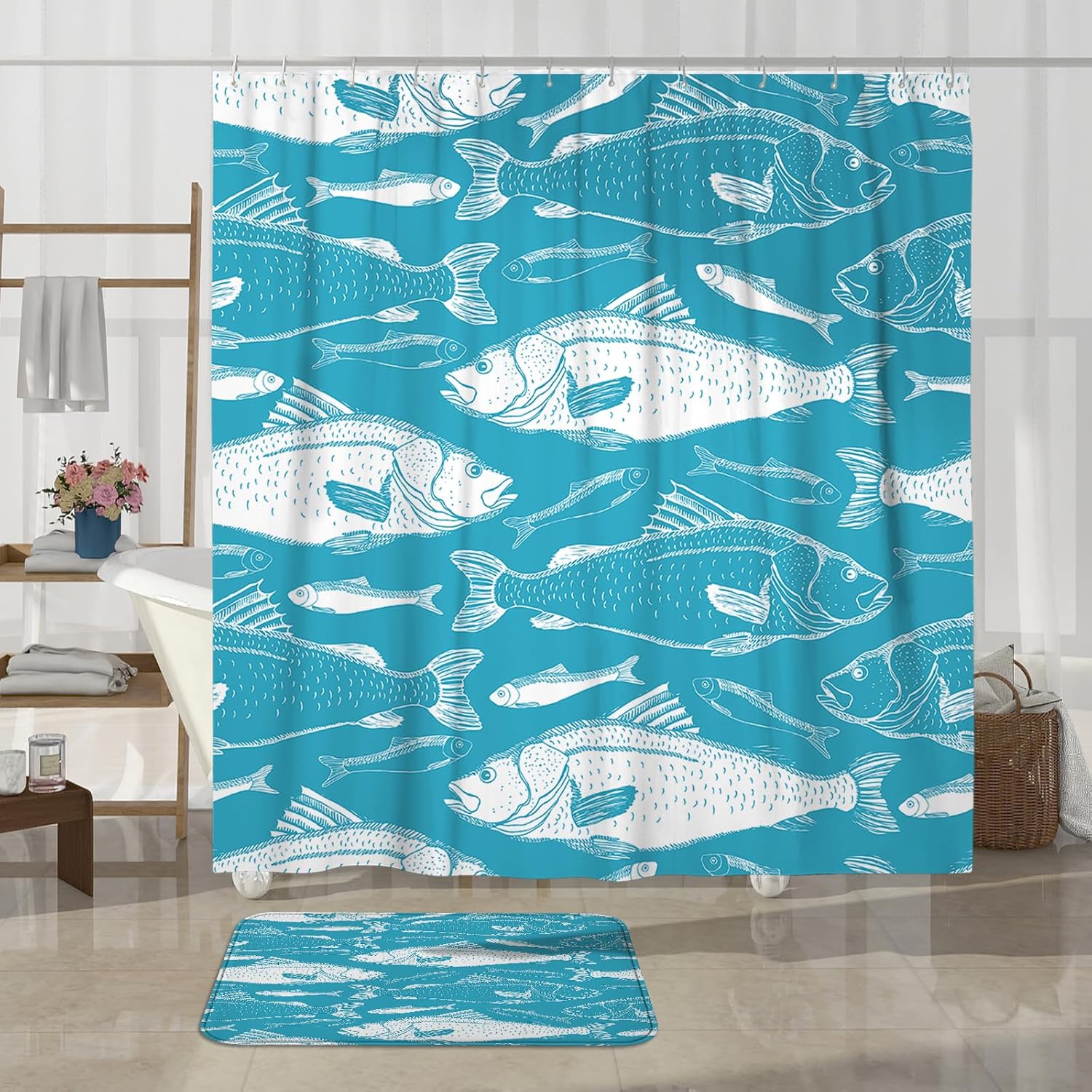 4PCS Cartoon Fish Bathroom Shower Curtains with Non-Slip Mat