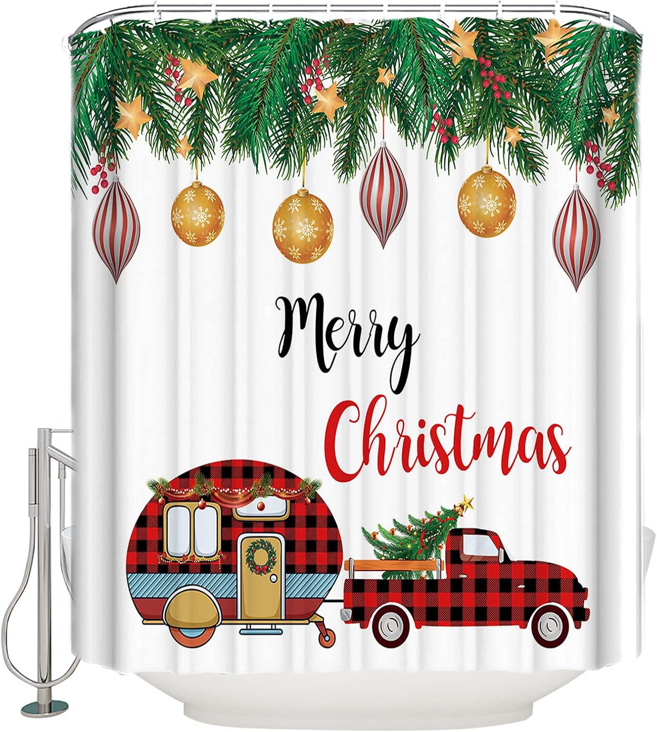 Christmas Camper Pine Boughs - Waterproof Shower Curtain