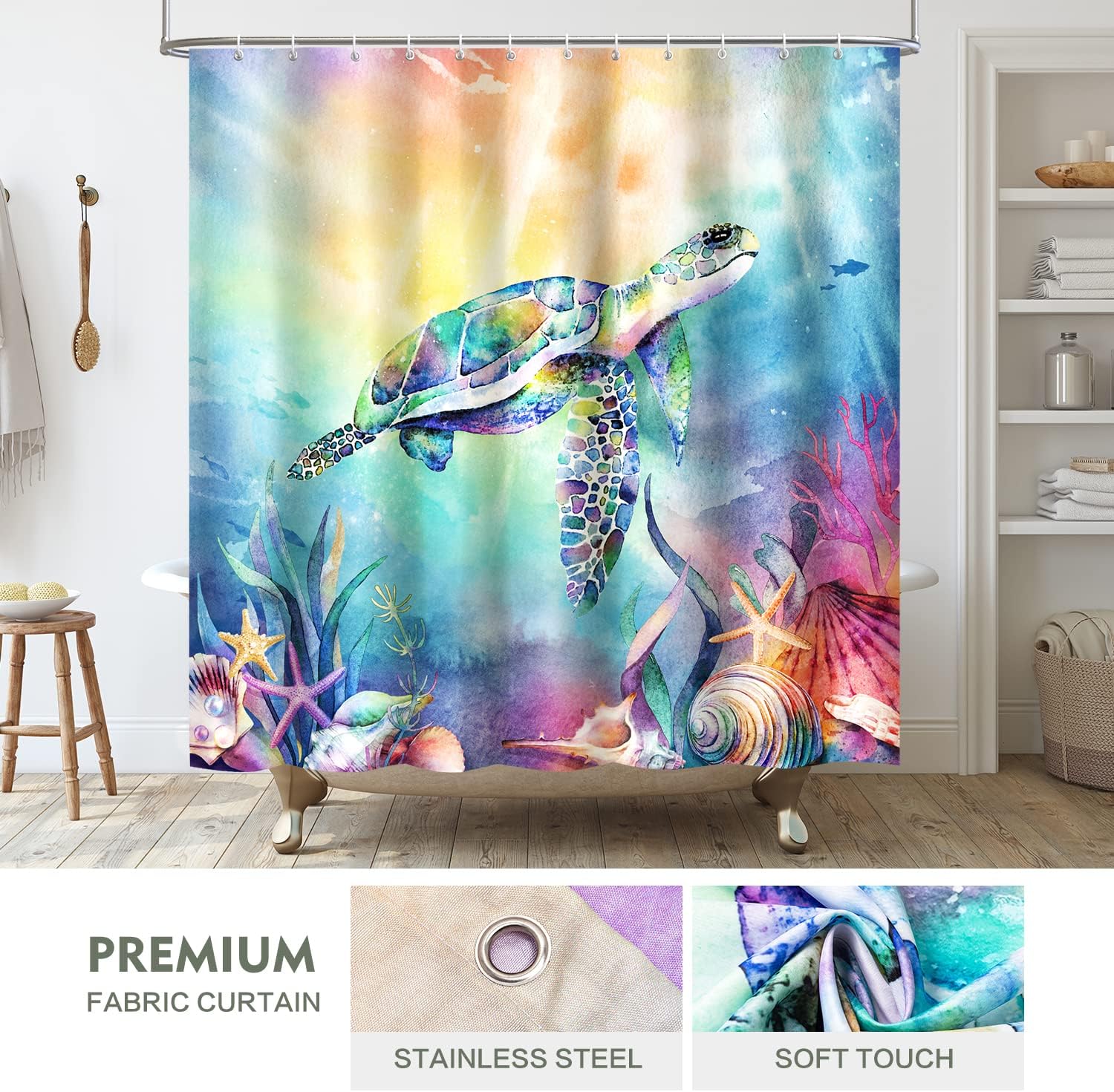 Lokigo Blue Ocean Turtle Shower Curtain Set Waterproof Bathroom Decor