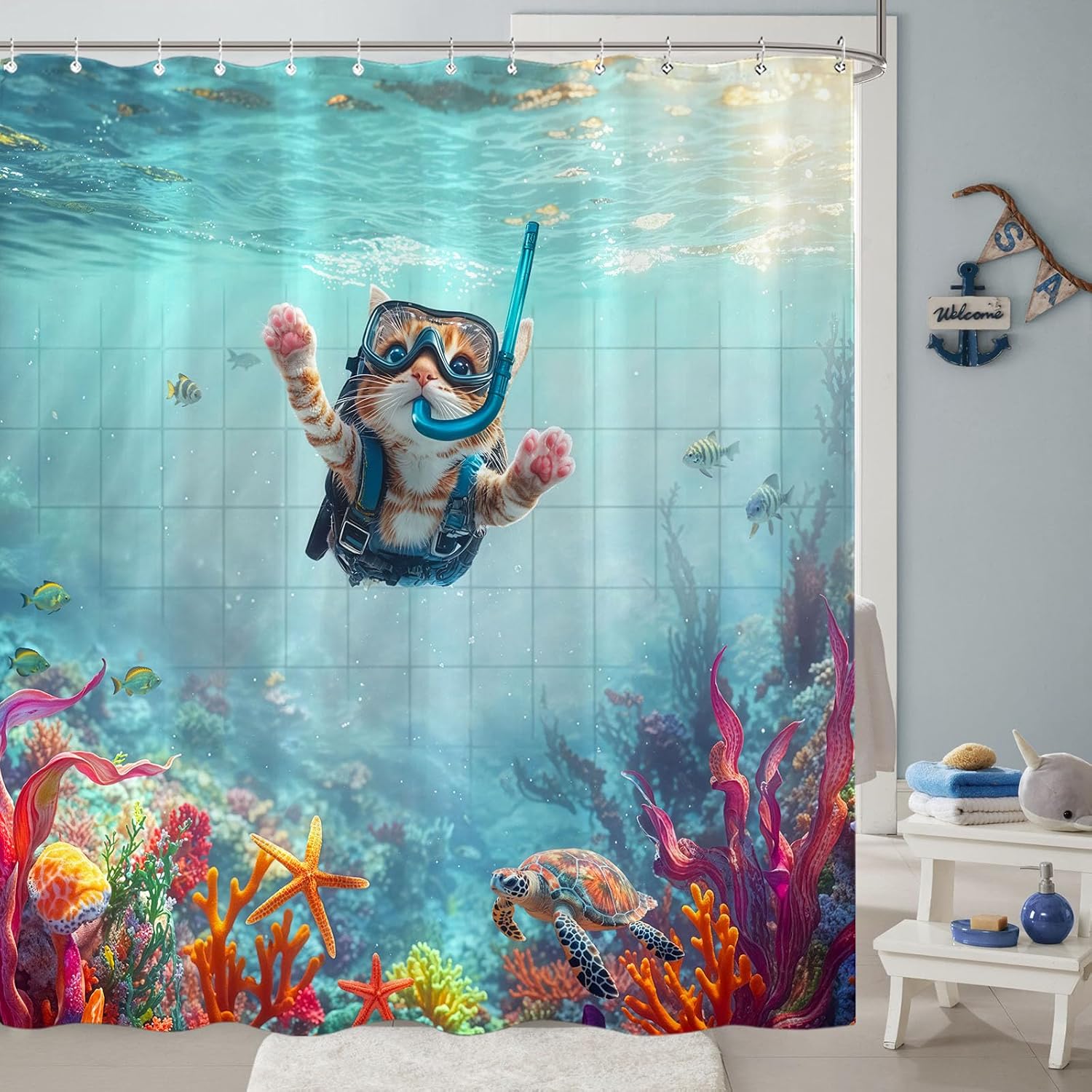 Dinosaur Shower Curtain for Bathroom 72x72 inches with 12 Hooks