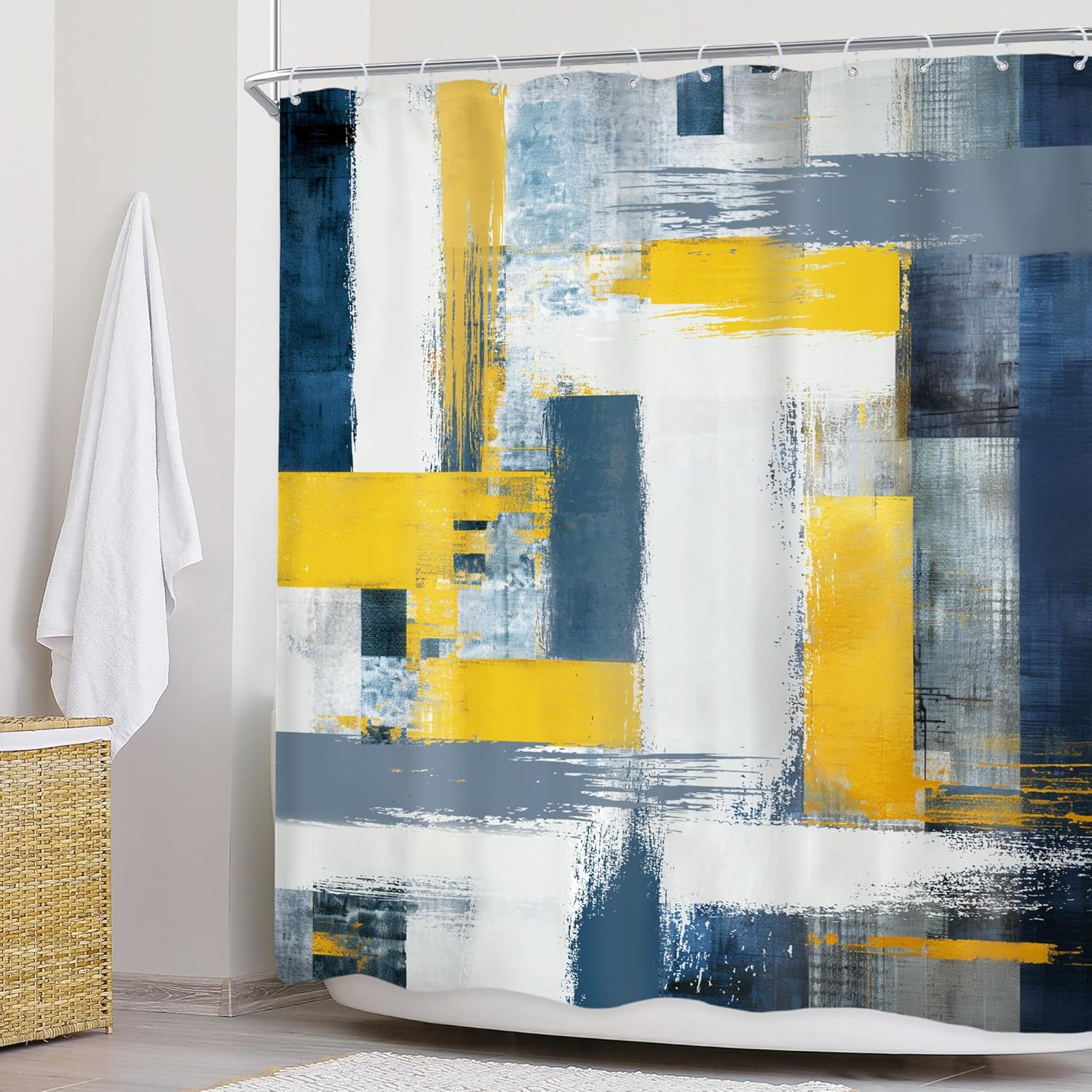 Newsely Abstract Geometric Shower Curtain Modern Design with Navy Blue and Yellow
