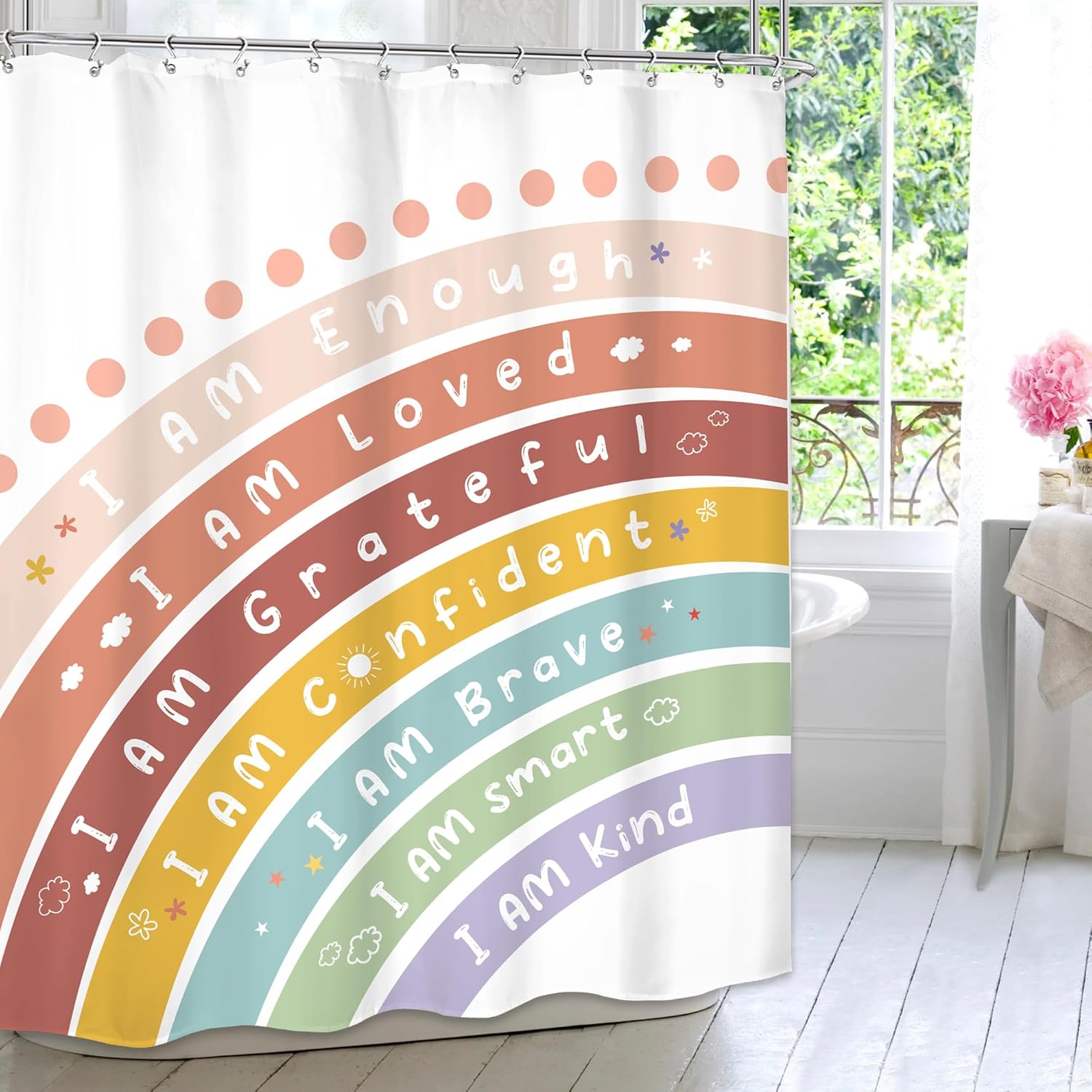 MESHELLY Kids Boho Rainbow Shower Curtain with 12 Hooks