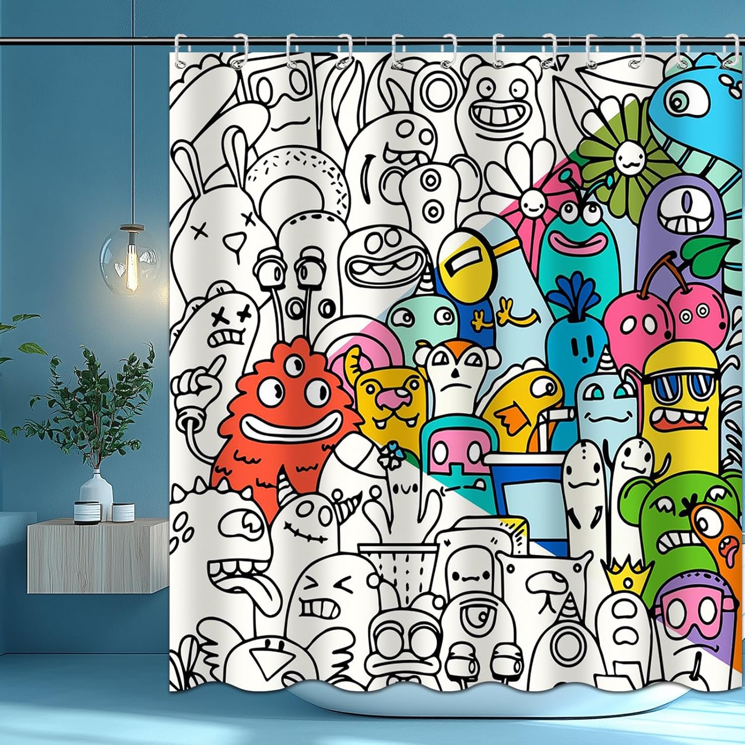 Kids Shower Curtain for Bathroom Fun Abstract Cartoon Red Little Monster 72x72