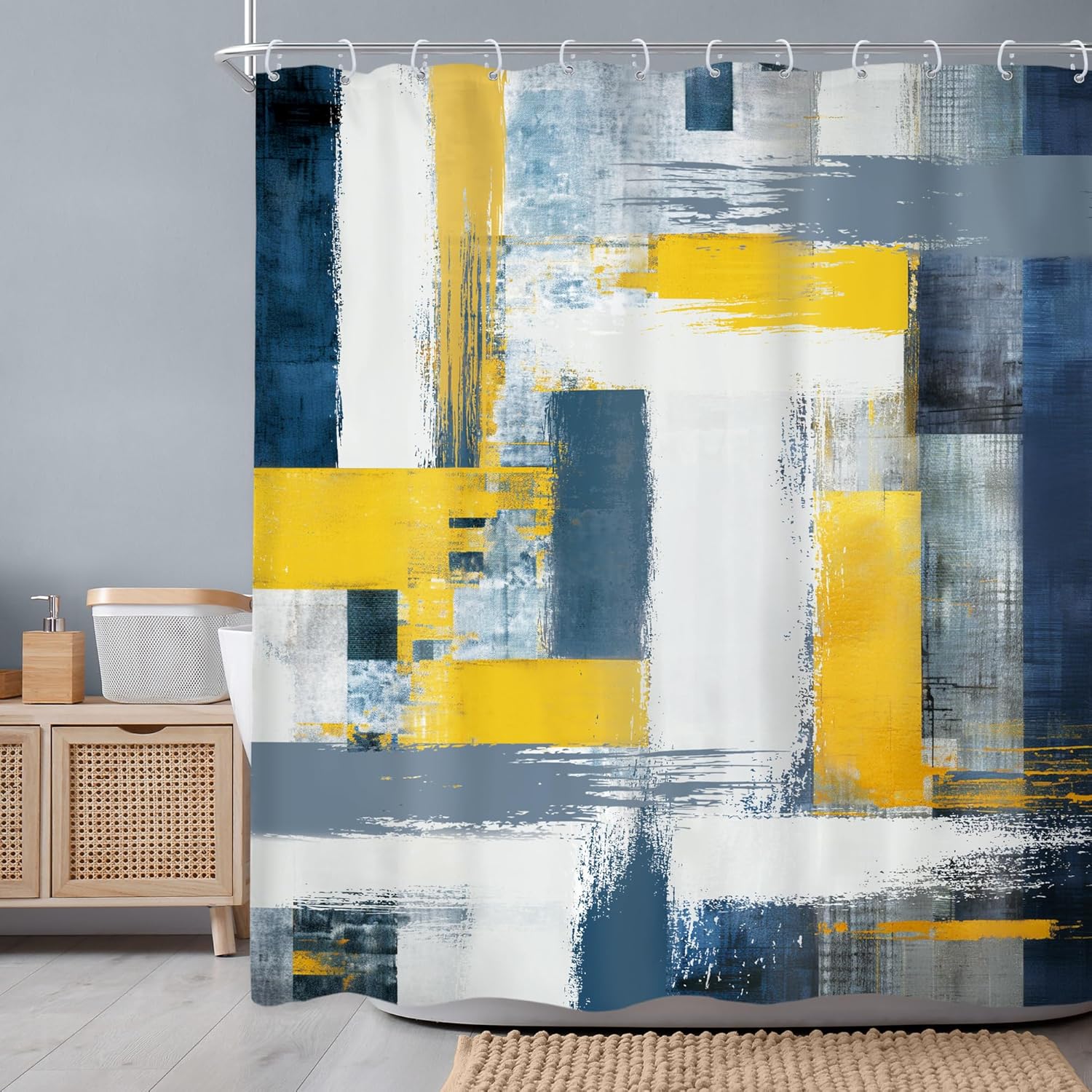 Newsely Abstract Geometric Shower Curtain Modern Design with Navy Blue and Yellow