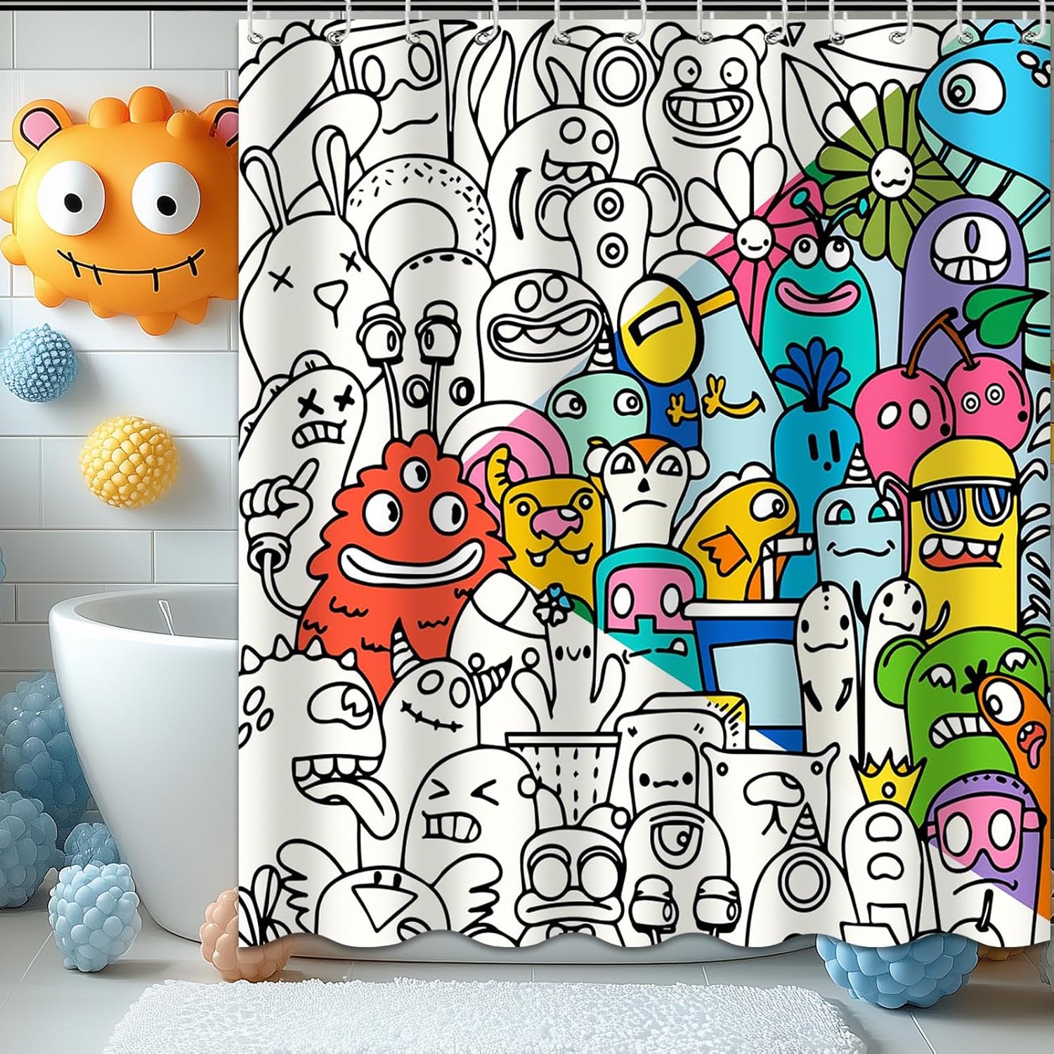 Kids Shower Curtain for Bathroom Fun Abstract Cartoon Red Little Monster 72x72