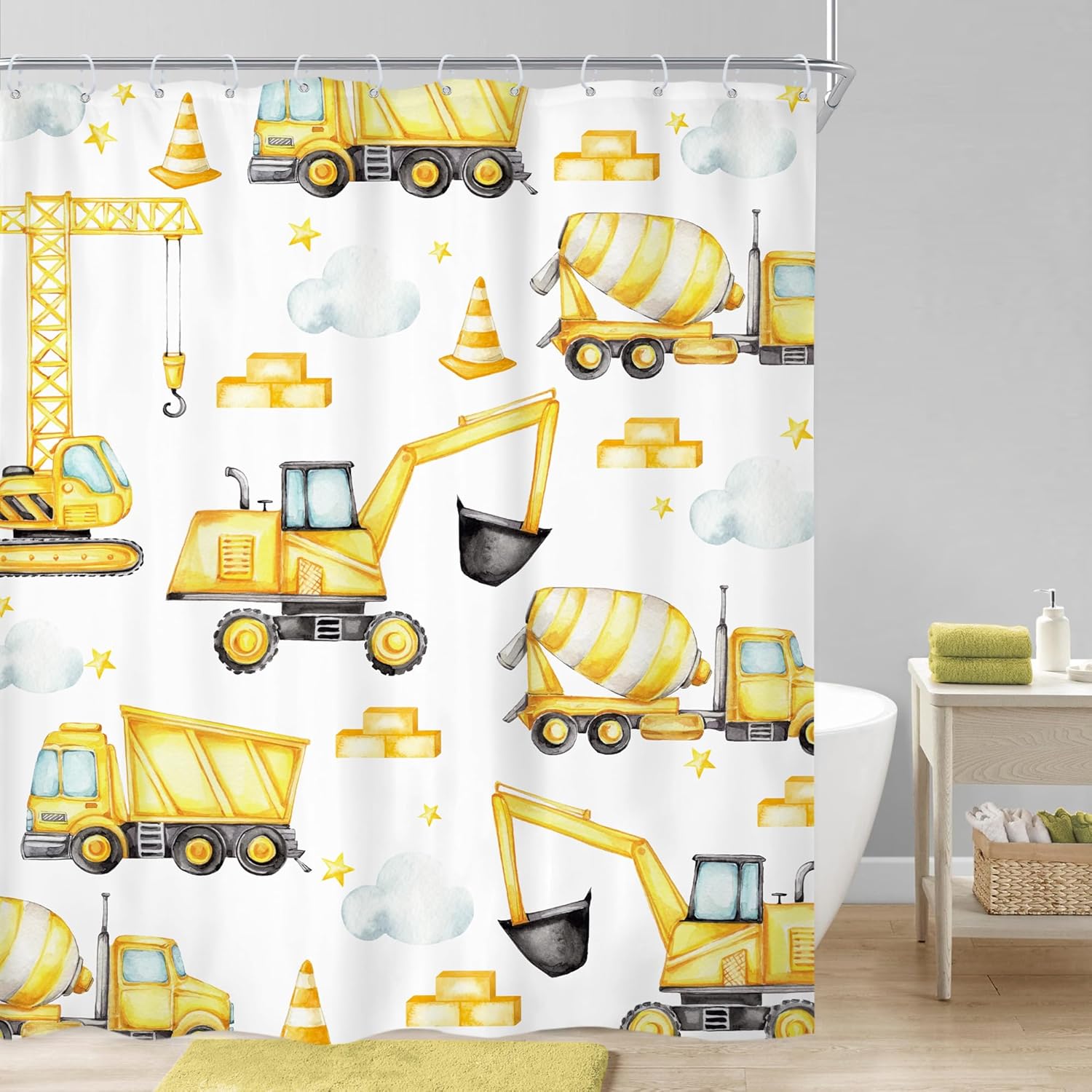 Riyidecor Tractor Kids Construction Shower Curtain Set