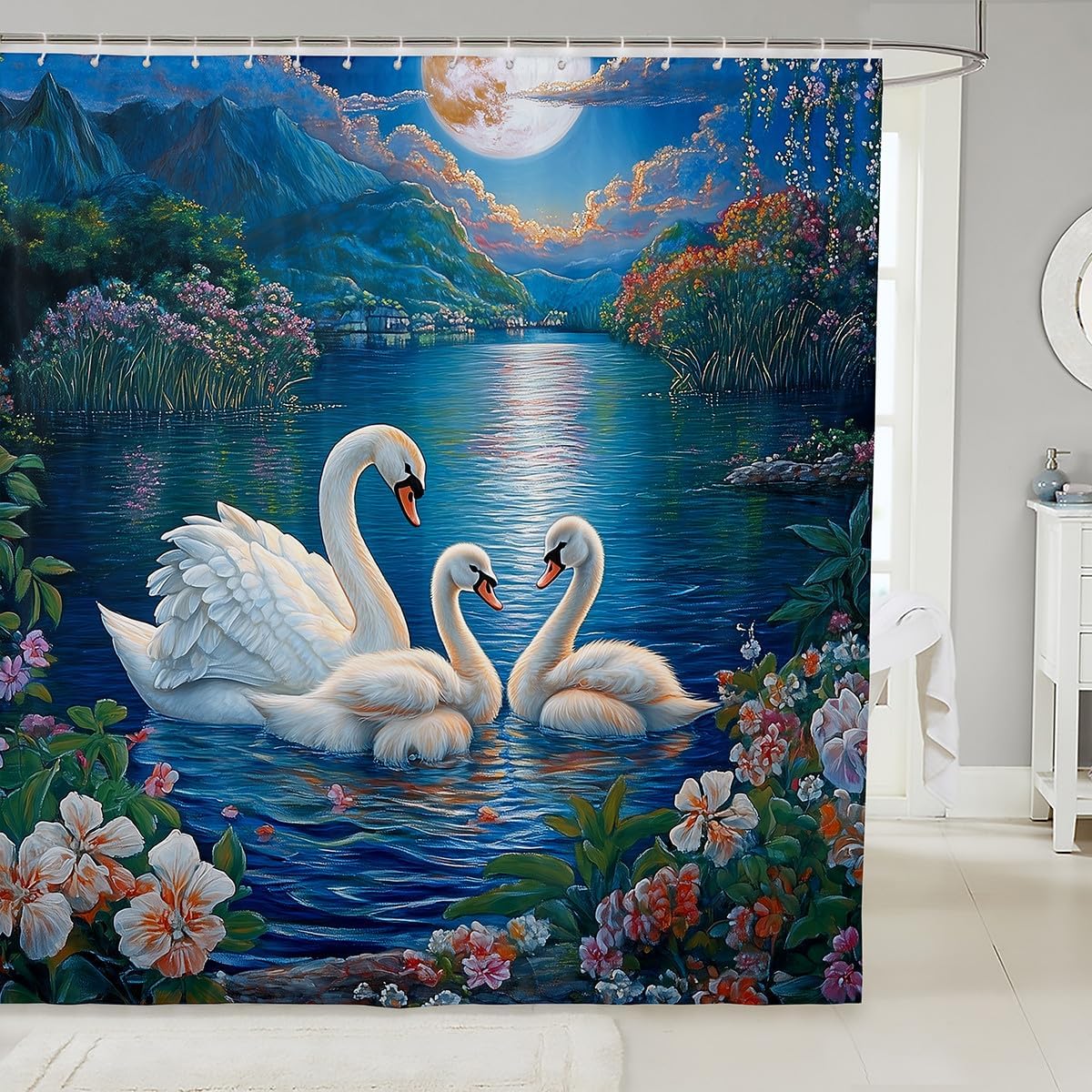 Swan Family Shower Curtain Tropical Jellyfish 72x84 Inch Family Bathroom Set