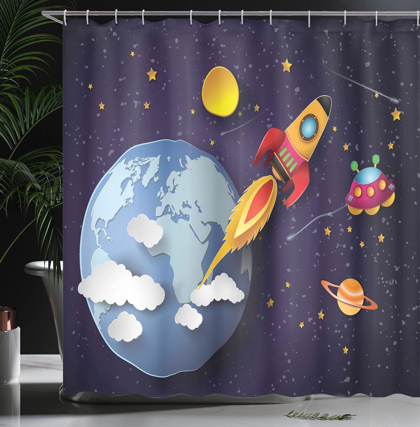 Ambesonne Rocket High-Flyin Outdoor Space Shower Curtain