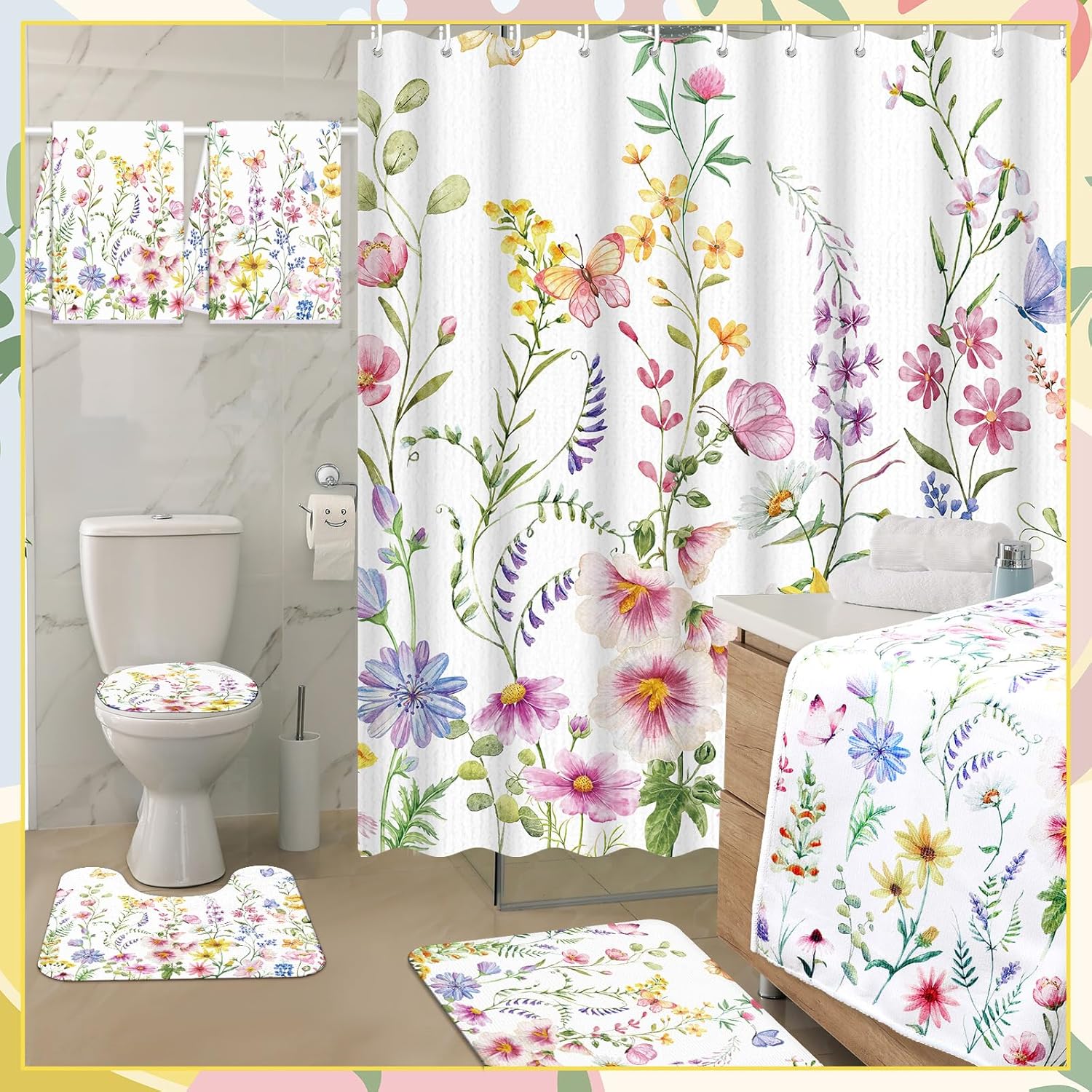6-Piece Summer Bathroom Set with U-Shaped Mat 2