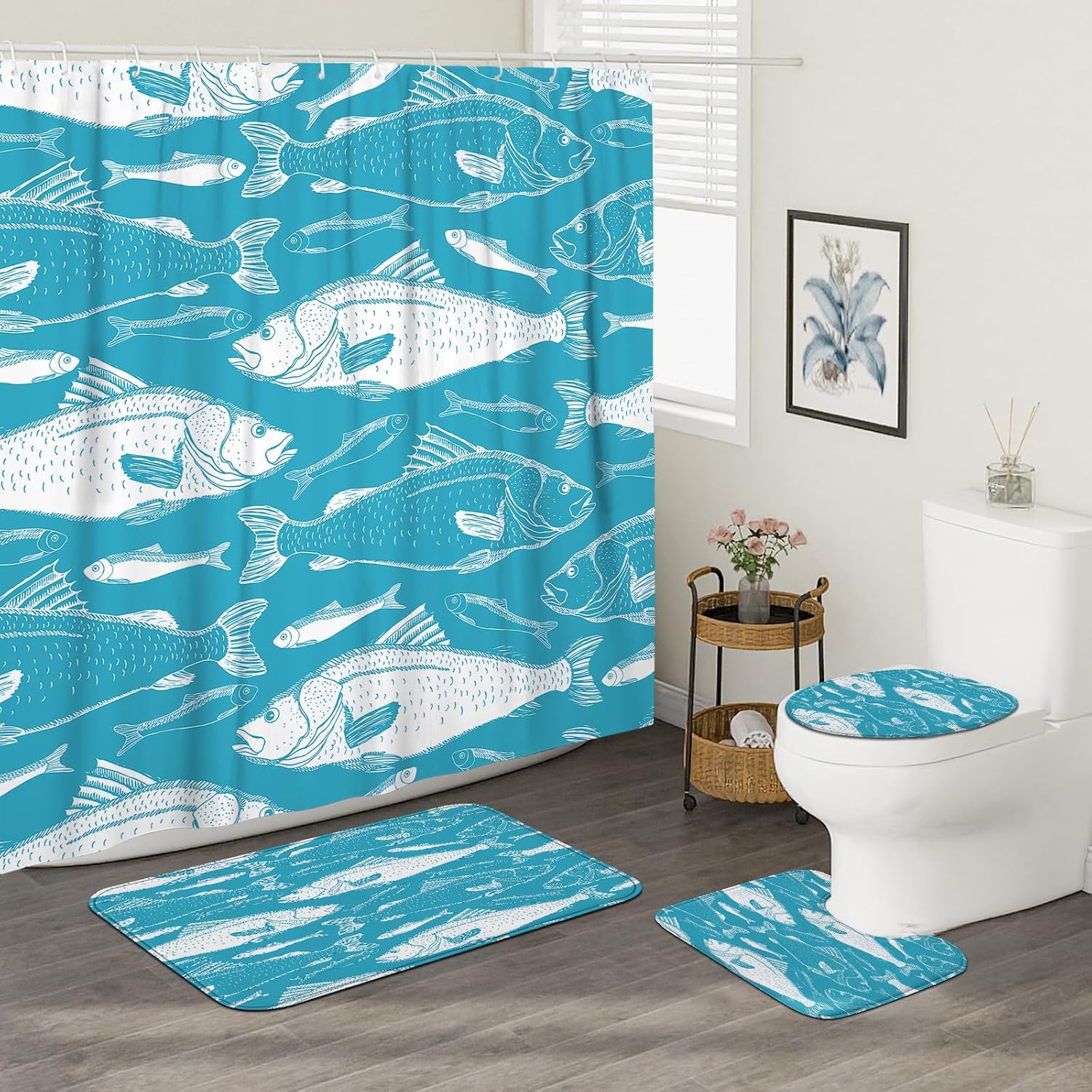 4PCS Cartoon Fish Bathroom Shower Curtains with Non-Slip Mat