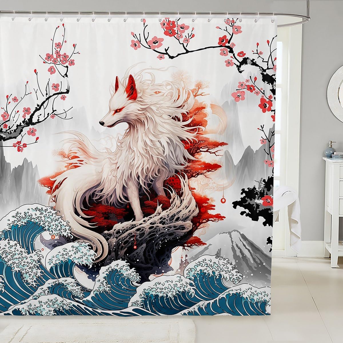 Set of Japanese Fox Bathroom Curtain