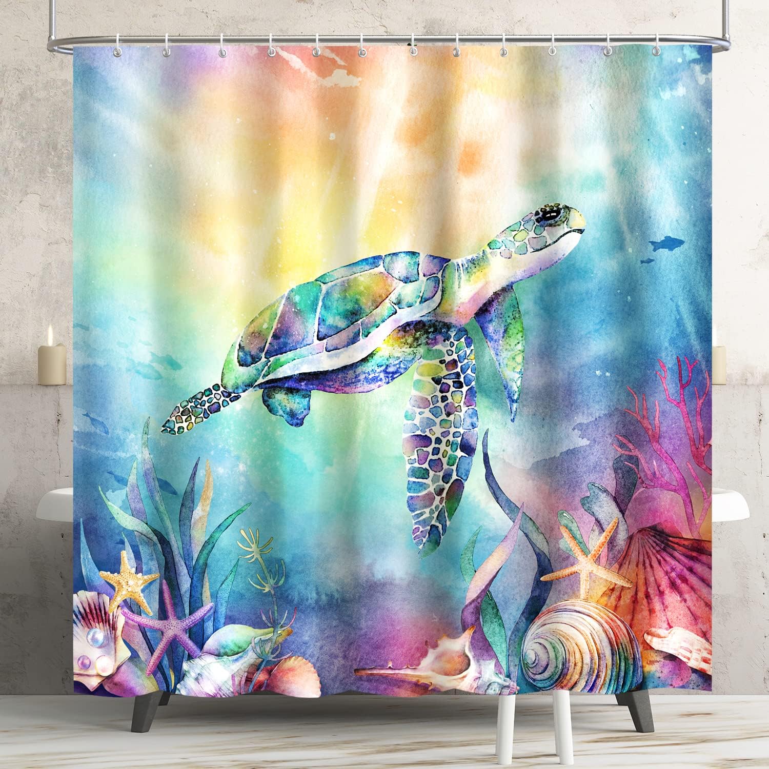 Lokigo Blue Ocean Turtle Shower Curtain Set Waterproof Bathroom Decor
