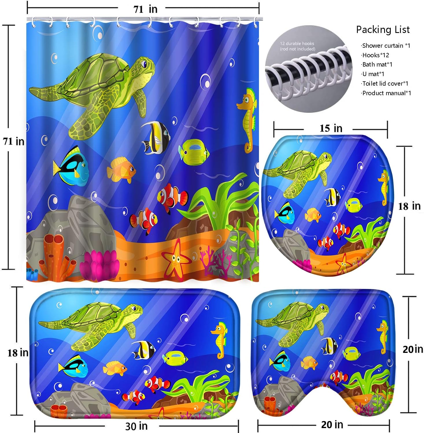 Poedist 4Pcs Bathroom Set Under The Sea Design