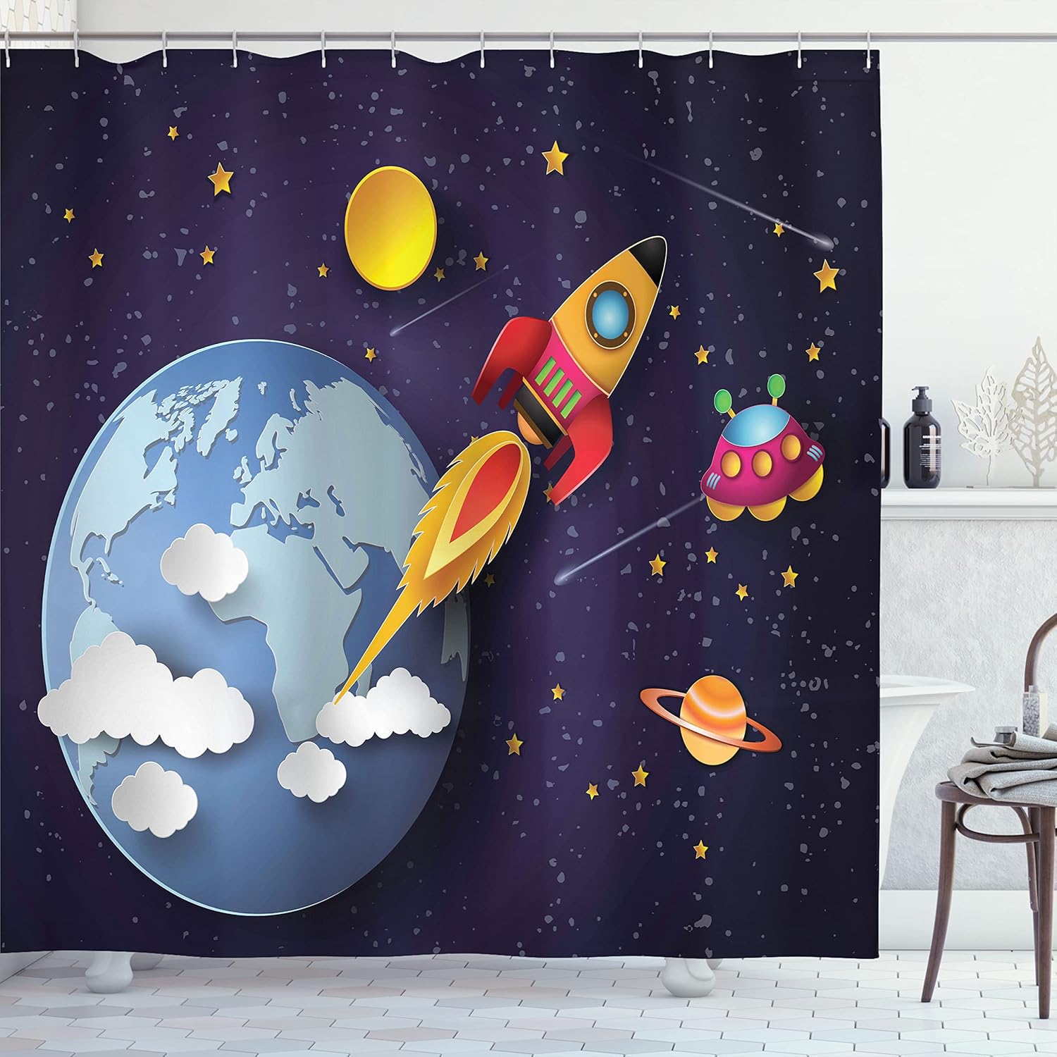 Ambesonne Rocket High-Flyin Outdoor Space Shower Curtain