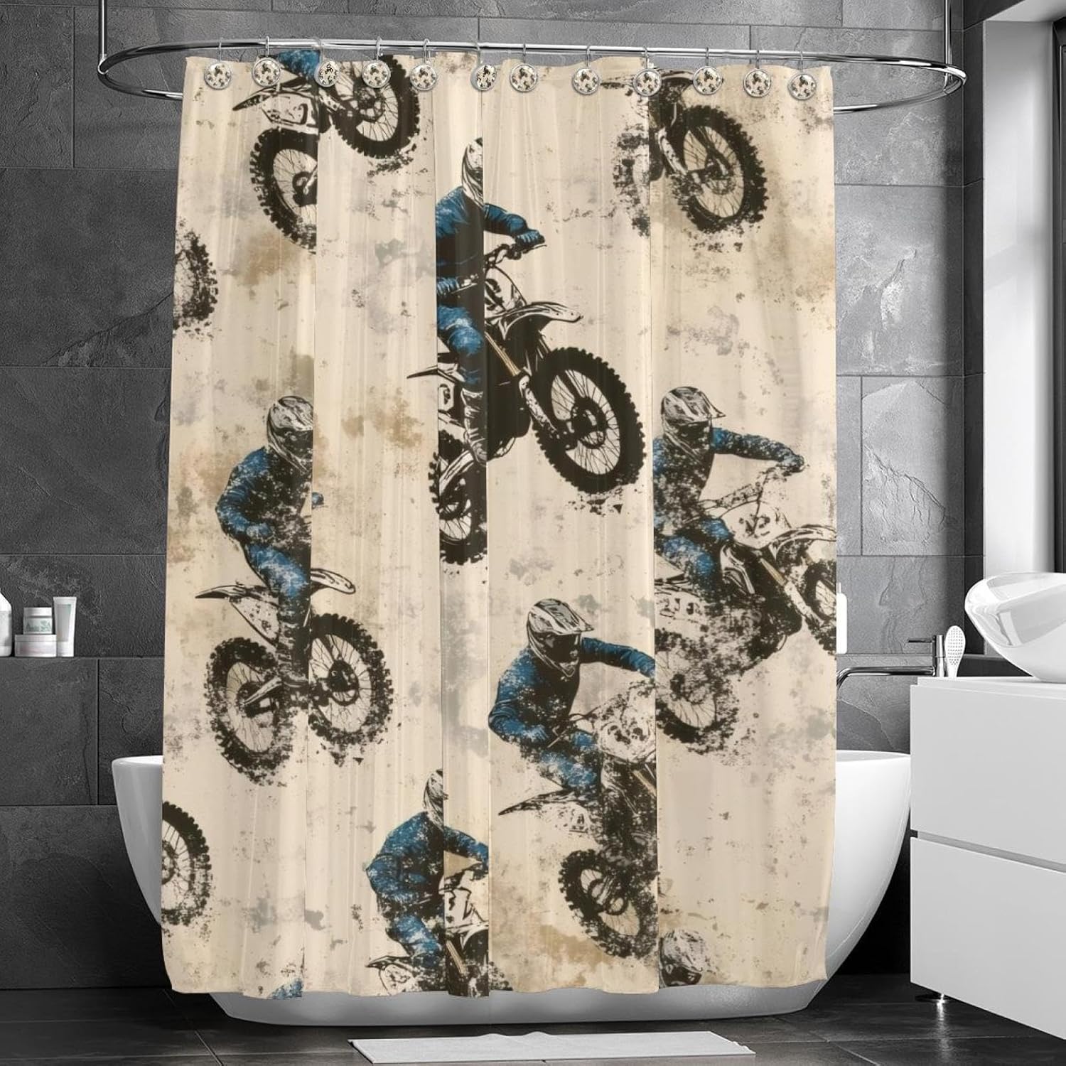 Blue Boys Motorcross Themed Shower Curtain Set - Rustic Stylish Bathroom Curtain