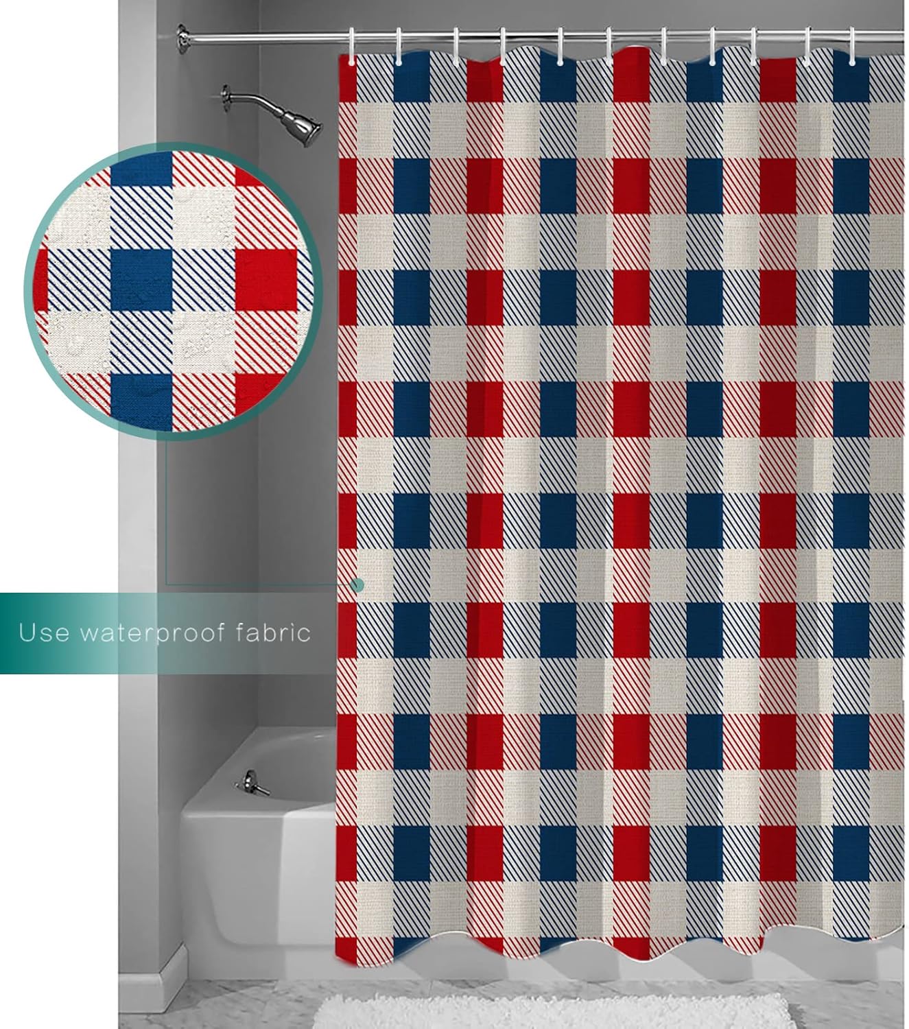 GeoPrint Plaid Waterproof Shower Curtain Set for 4th of July Independence Day