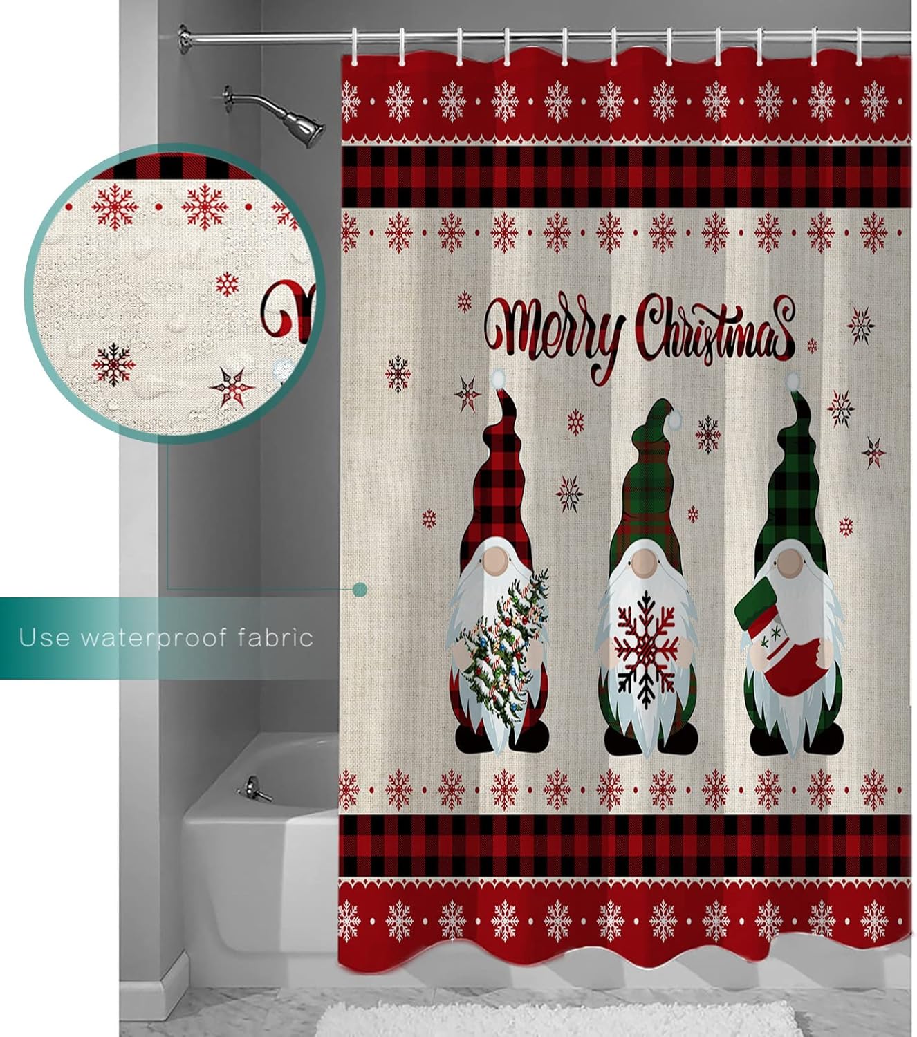 Merry Christmas Gnome Snowflake Shower Curtain Red Black Buffalo Plaid